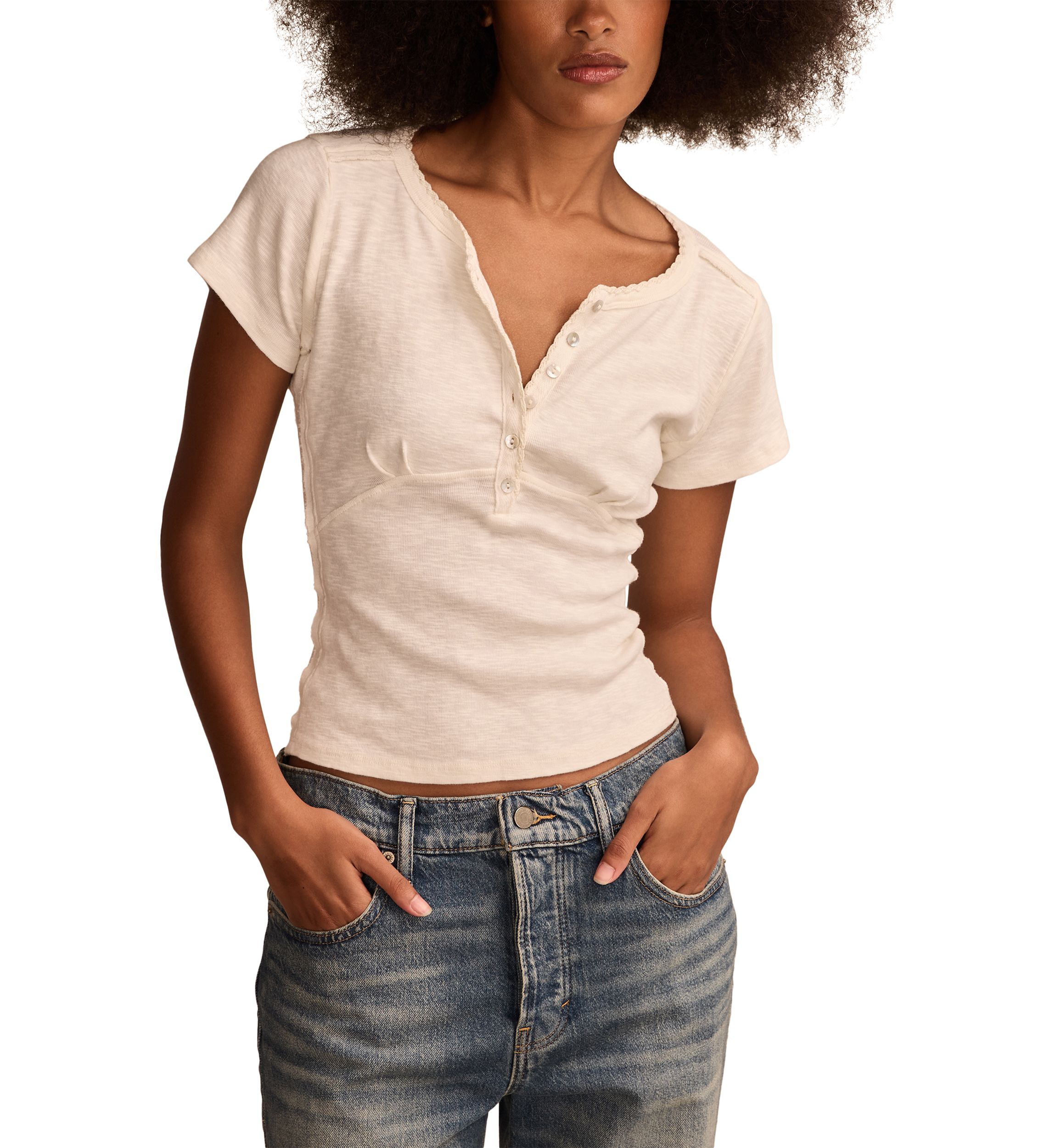 Crochet Trim Short Sleeve Henley Top