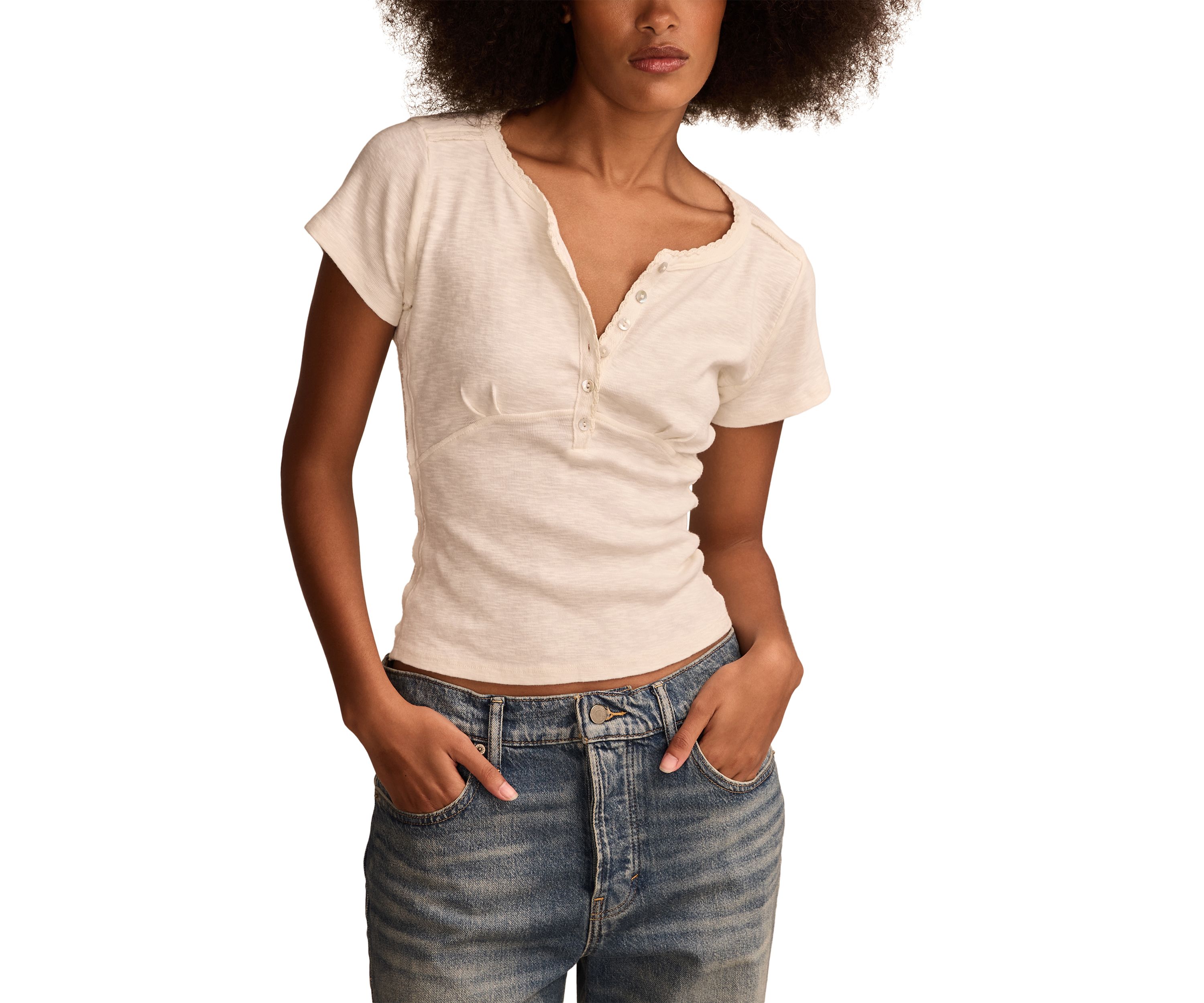 Crochet Trim Short Sleeve Henley Top