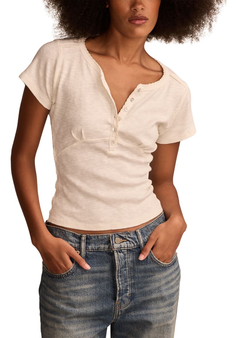 Crochet Trim Short Sleeve Henley Top