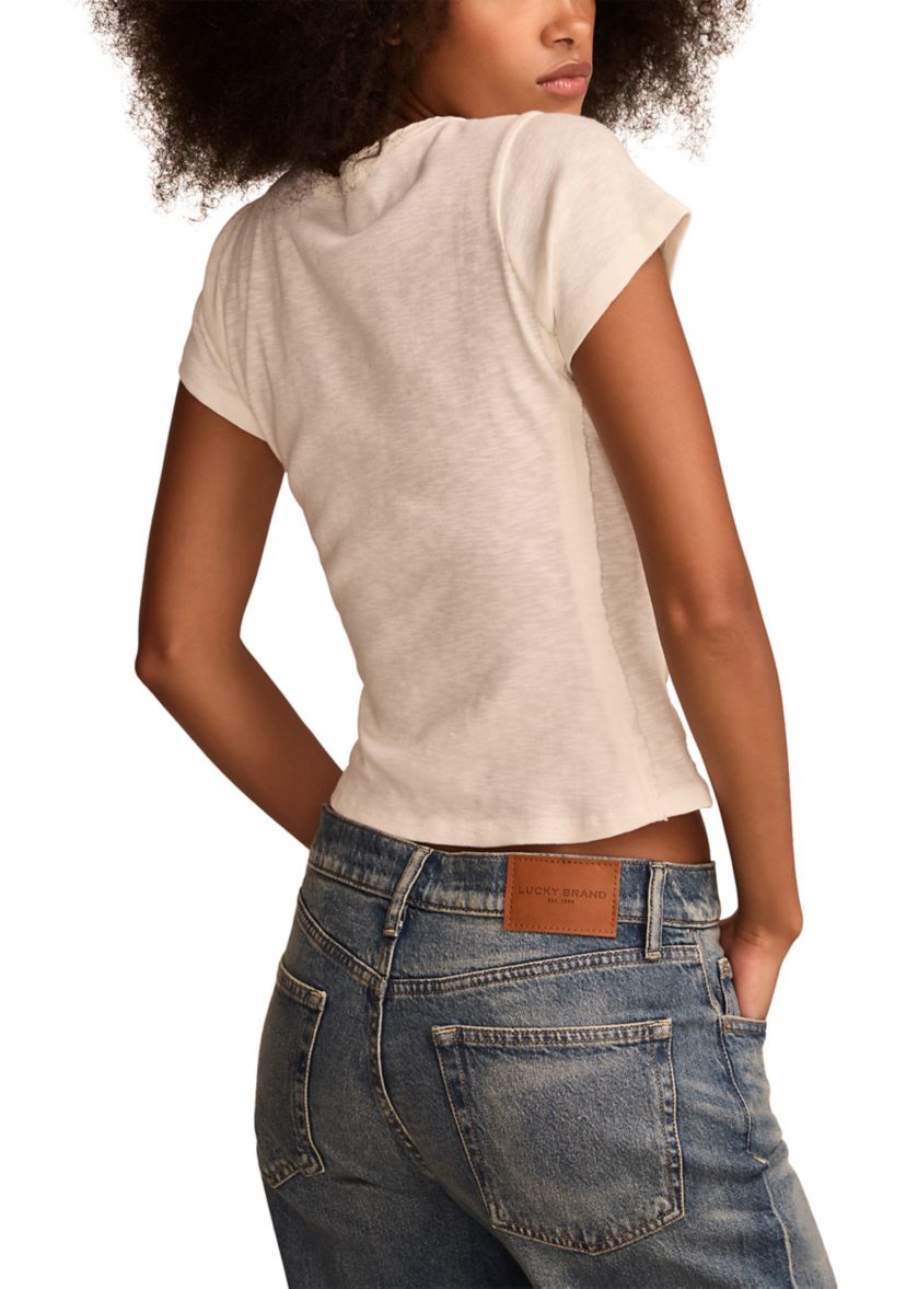 Crochet Trim Short Sleeve Henley Top
