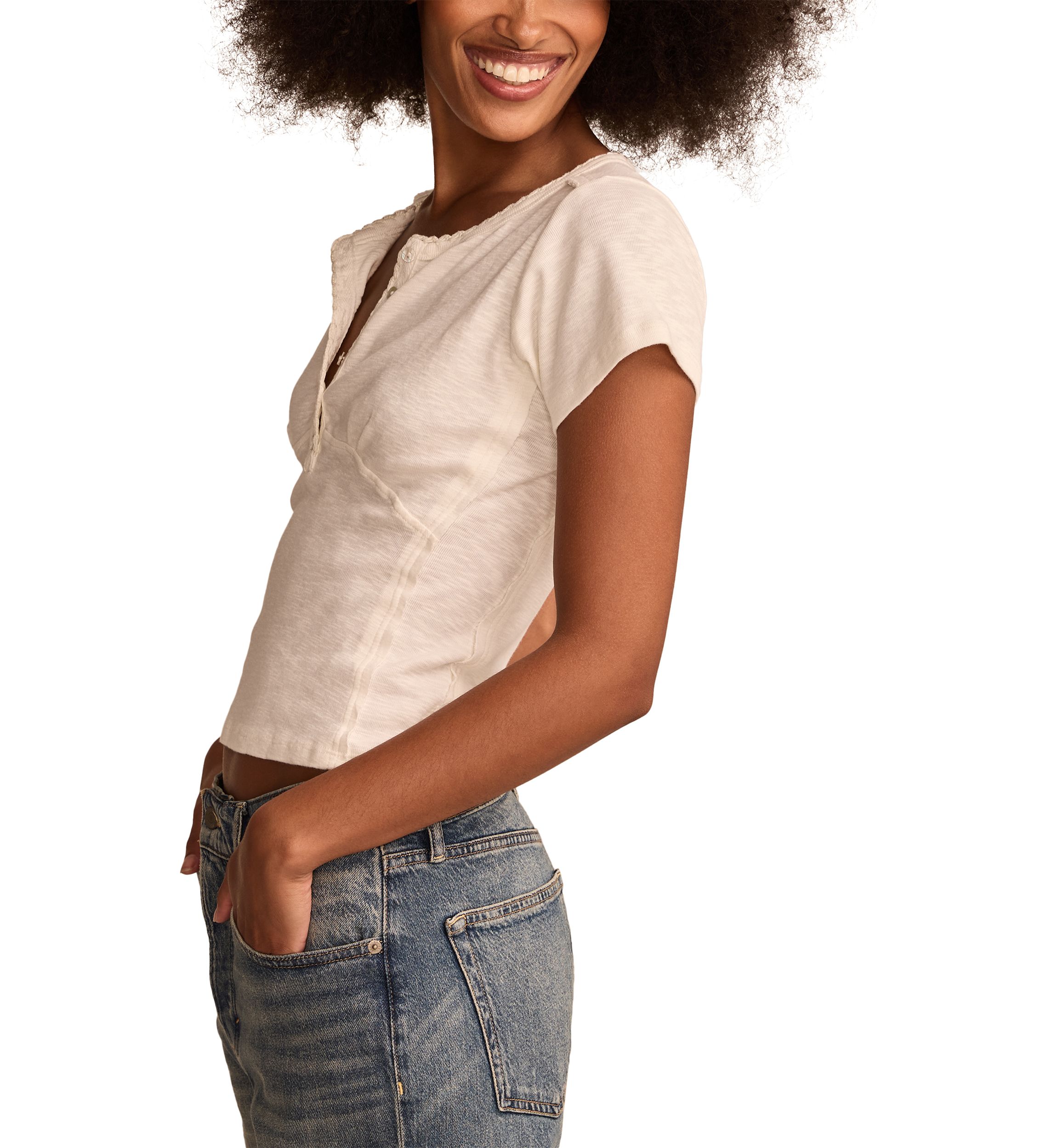 Crochet Trim Short Sleeve Henley Top