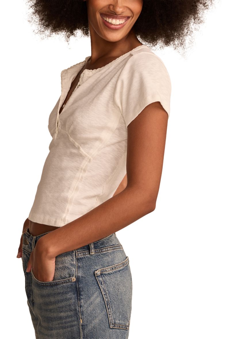 Crochet Trim Short Sleeve Henley Top