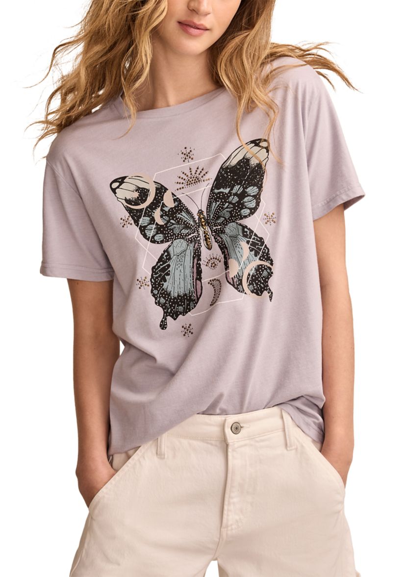 Womens Celestial Butterfly Studded Graphic T-Shirt