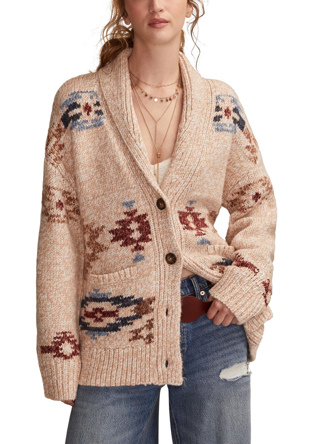 Womens Shawl Collar Printed Cardigan