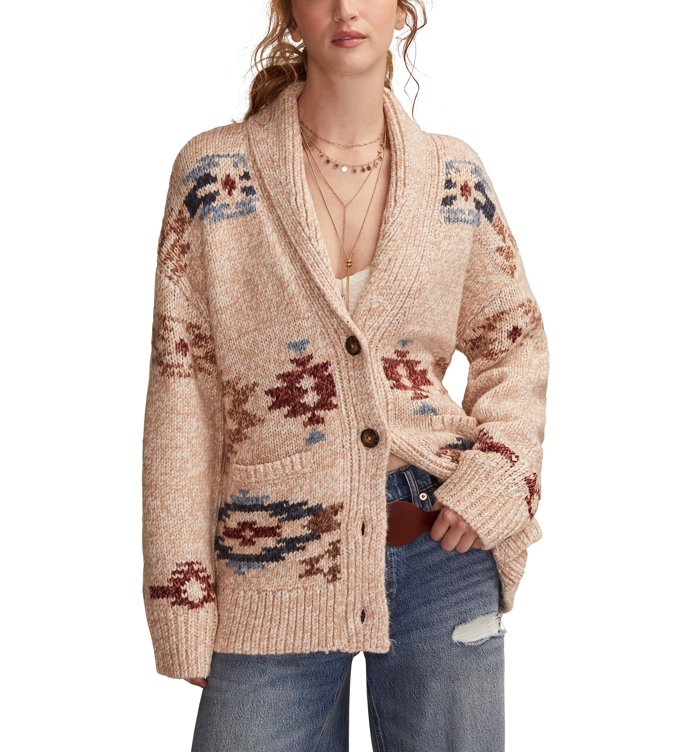 Womens Shawl Collar Printed Cardigan
