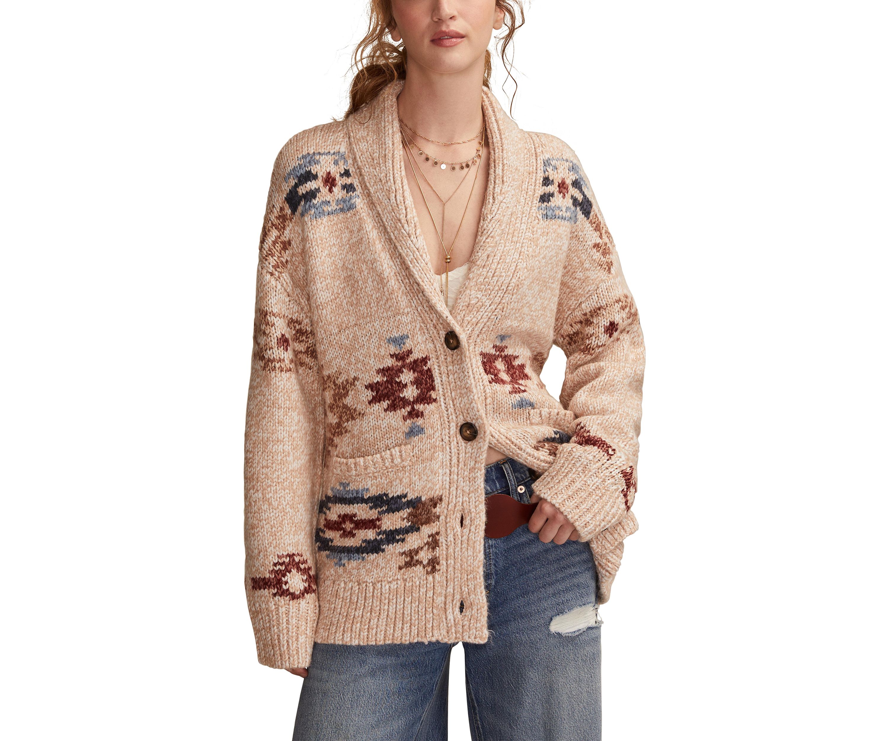 Womens Shawl Collar Printed Cardigan