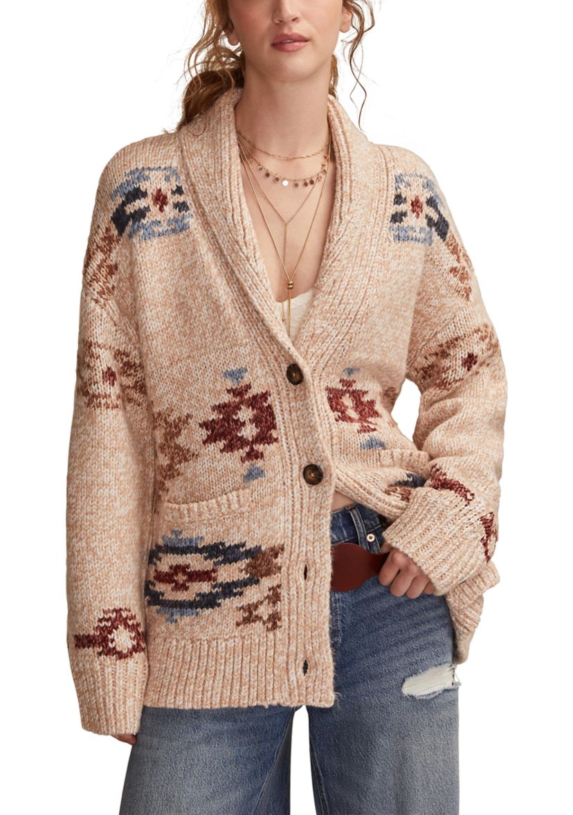 Womens Shawl Collar Printed Cardigan