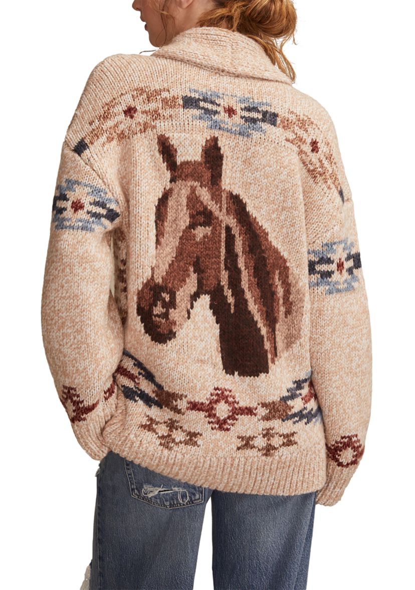 Womens Shawl Collar Printed Cardigan