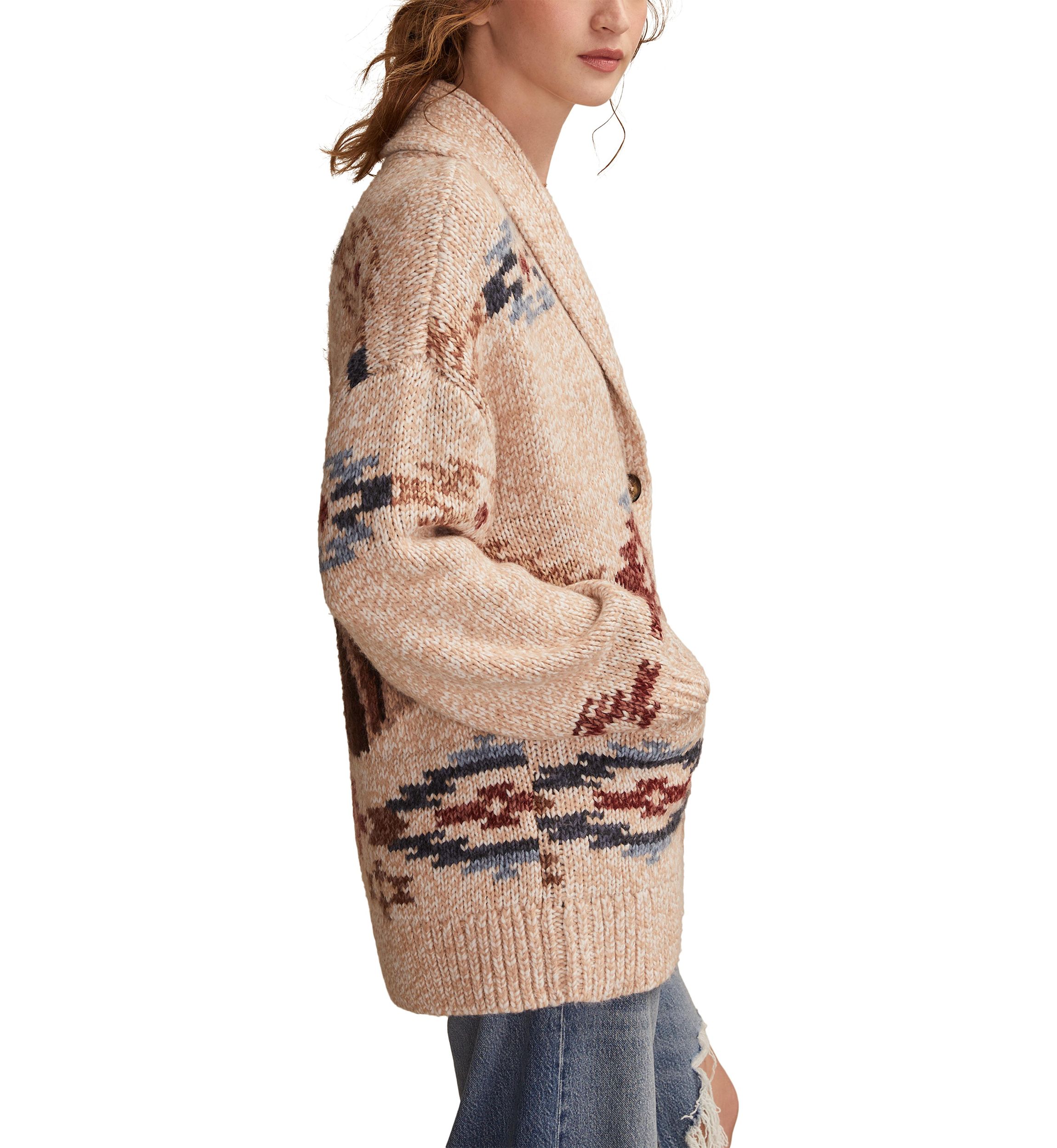 Womens Shawl Collar Printed Cardigan