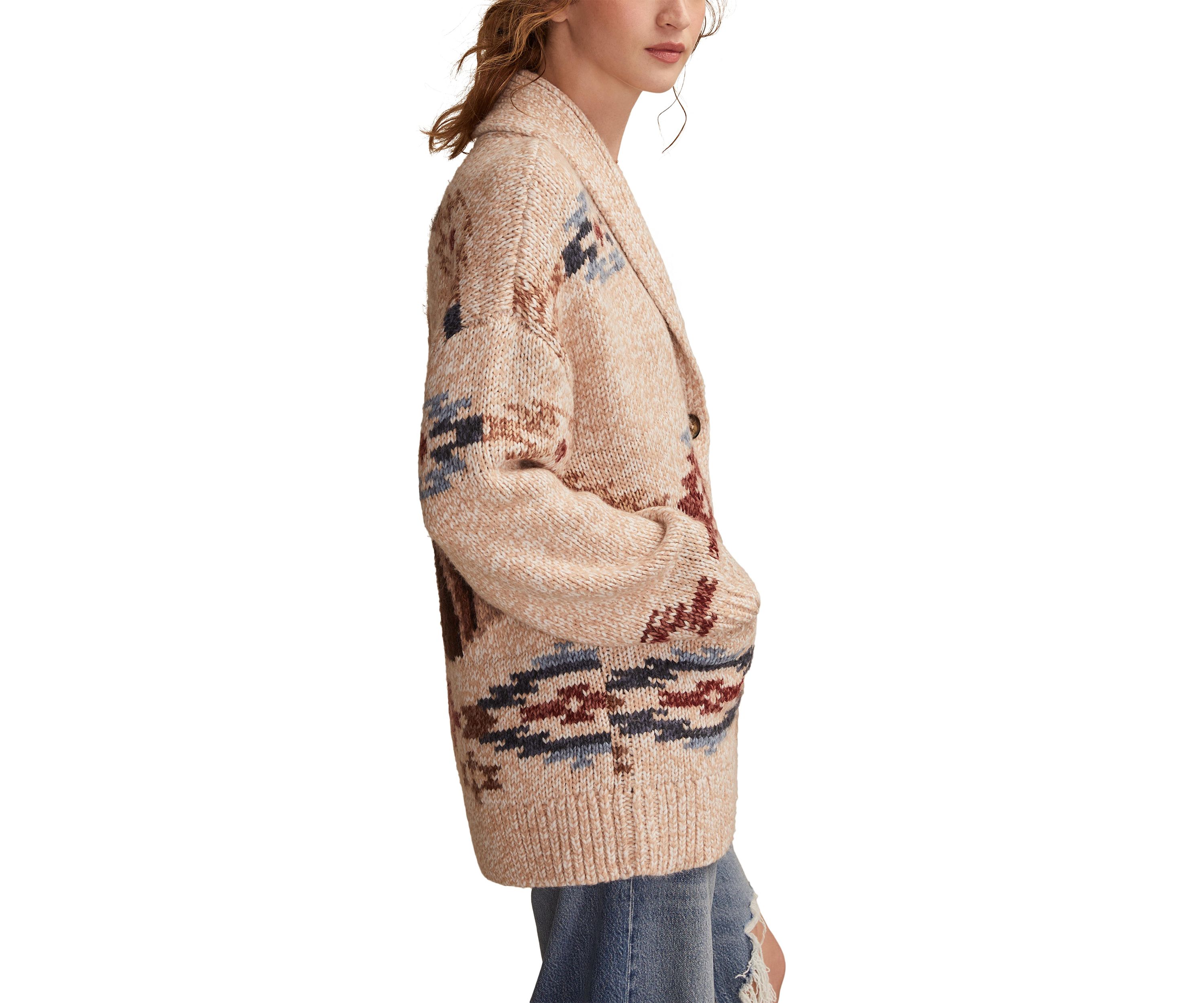 Womens Shawl Collar Printed Cardigan