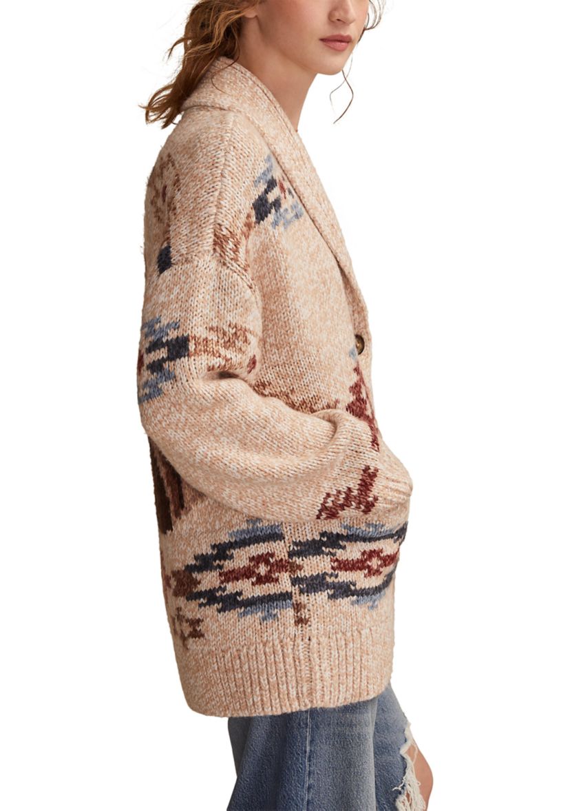 Womens Shawl Collar Printed Cardigan