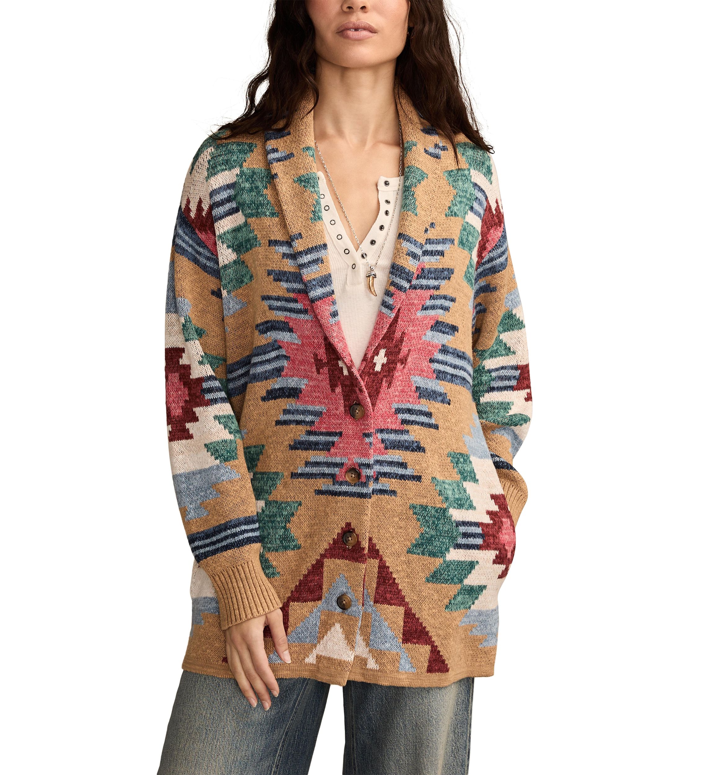 Womens Aztec Printed Shawl Collar Cardigan