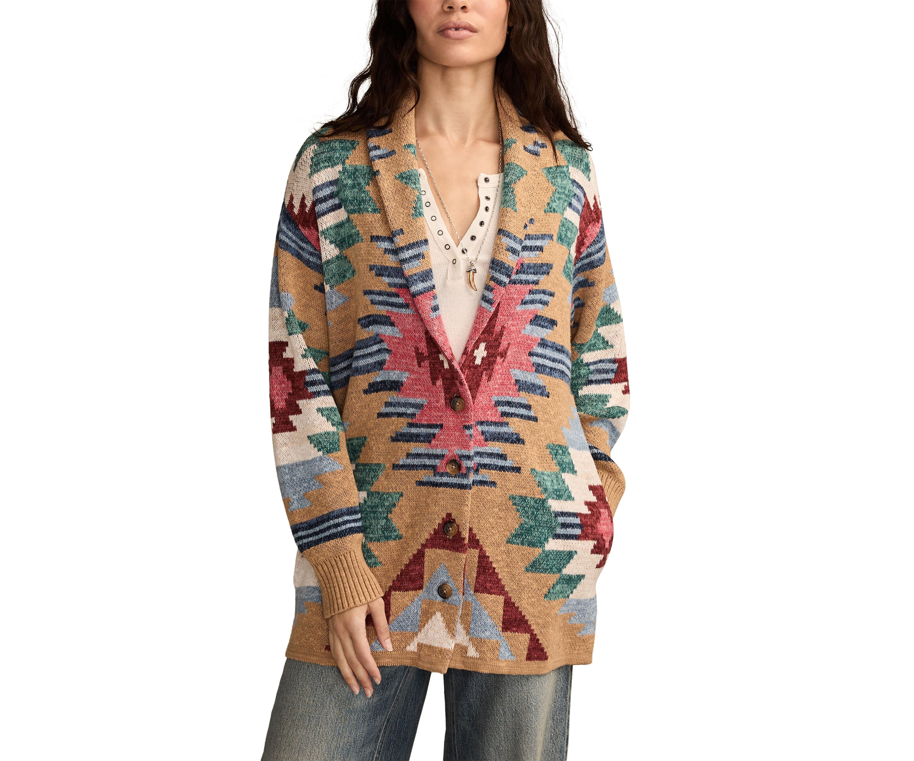 Womens Aztec Printed Shawl Collar Cardigan