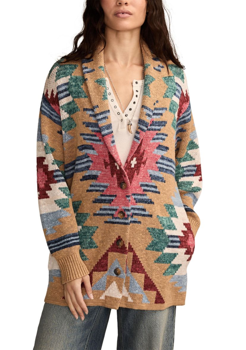 Womens Aztec Printed Shawl Collar Cardigan
