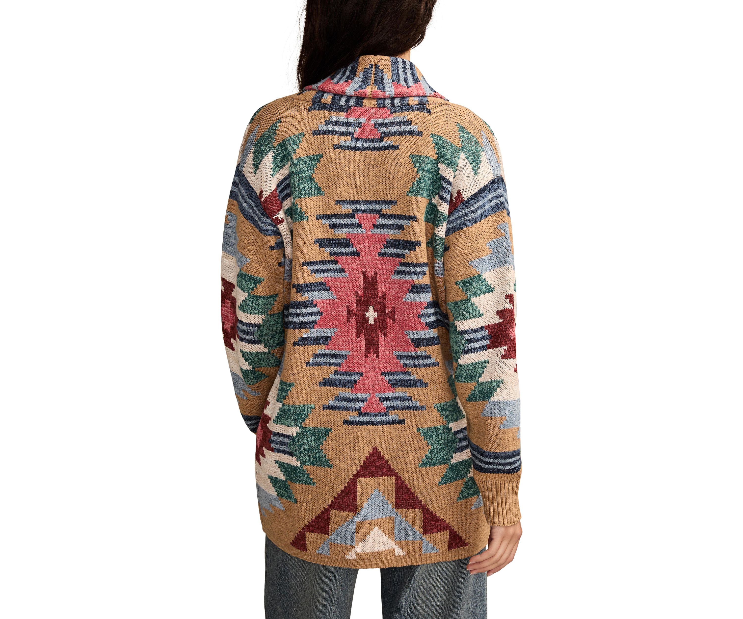 Womens Aztec Printed Shawl Collar Cardigan