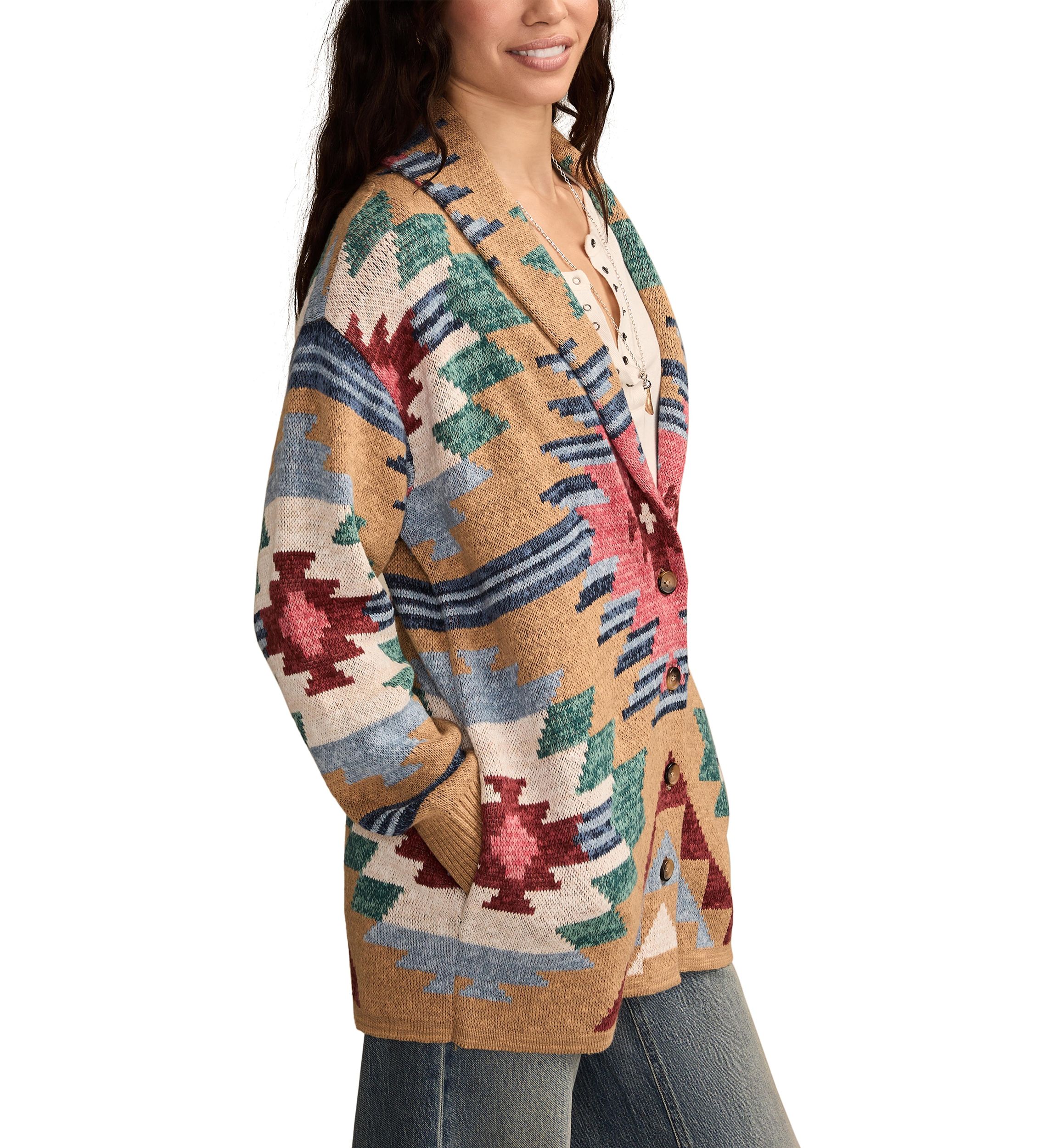Womens Aztec Printed Shawl Collar Cardigan