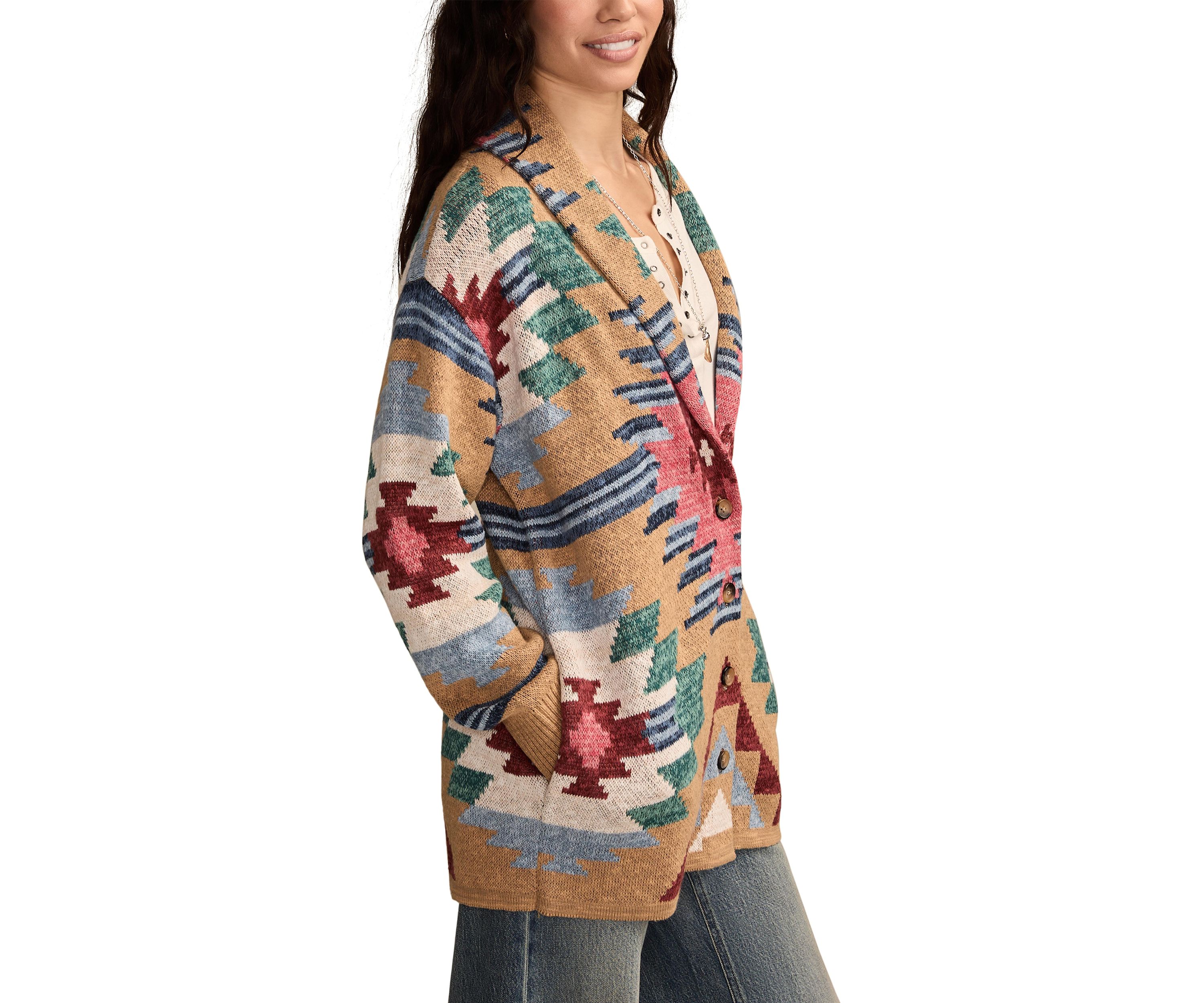 Womens Aztec Printed Shawl Collar Cardigan
