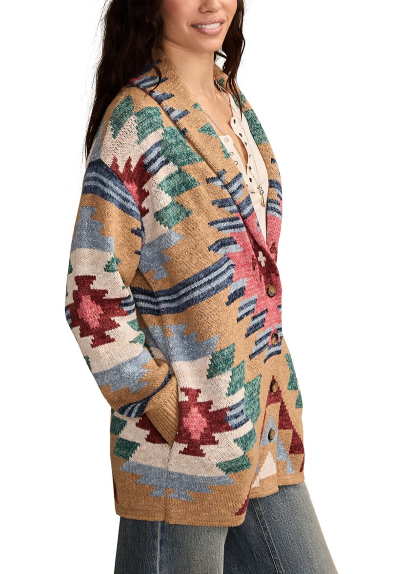 Womens Aztec Printed Shawl Collar Cardigan