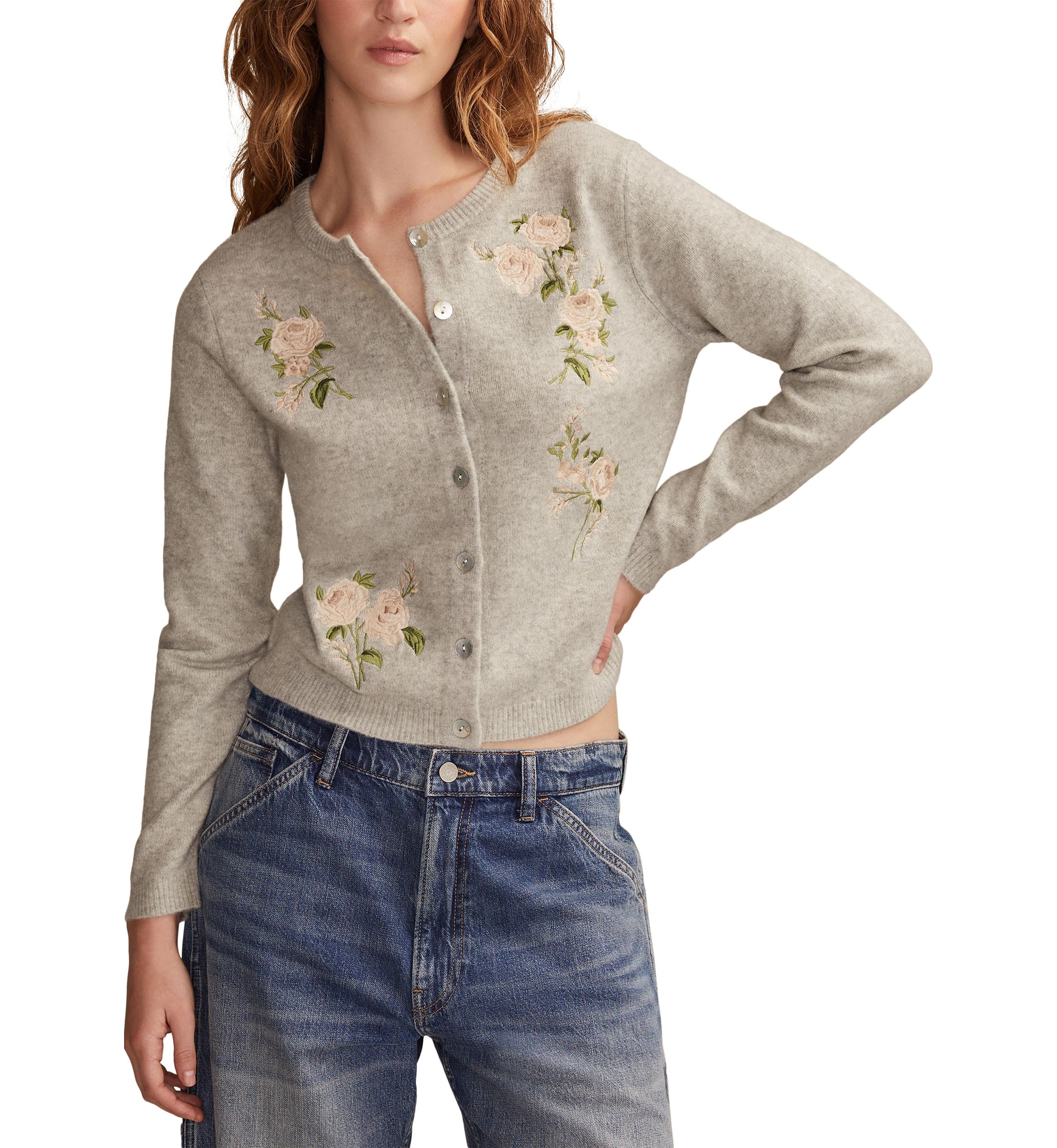 Womens Floral Embroidered Button Front Cardigan