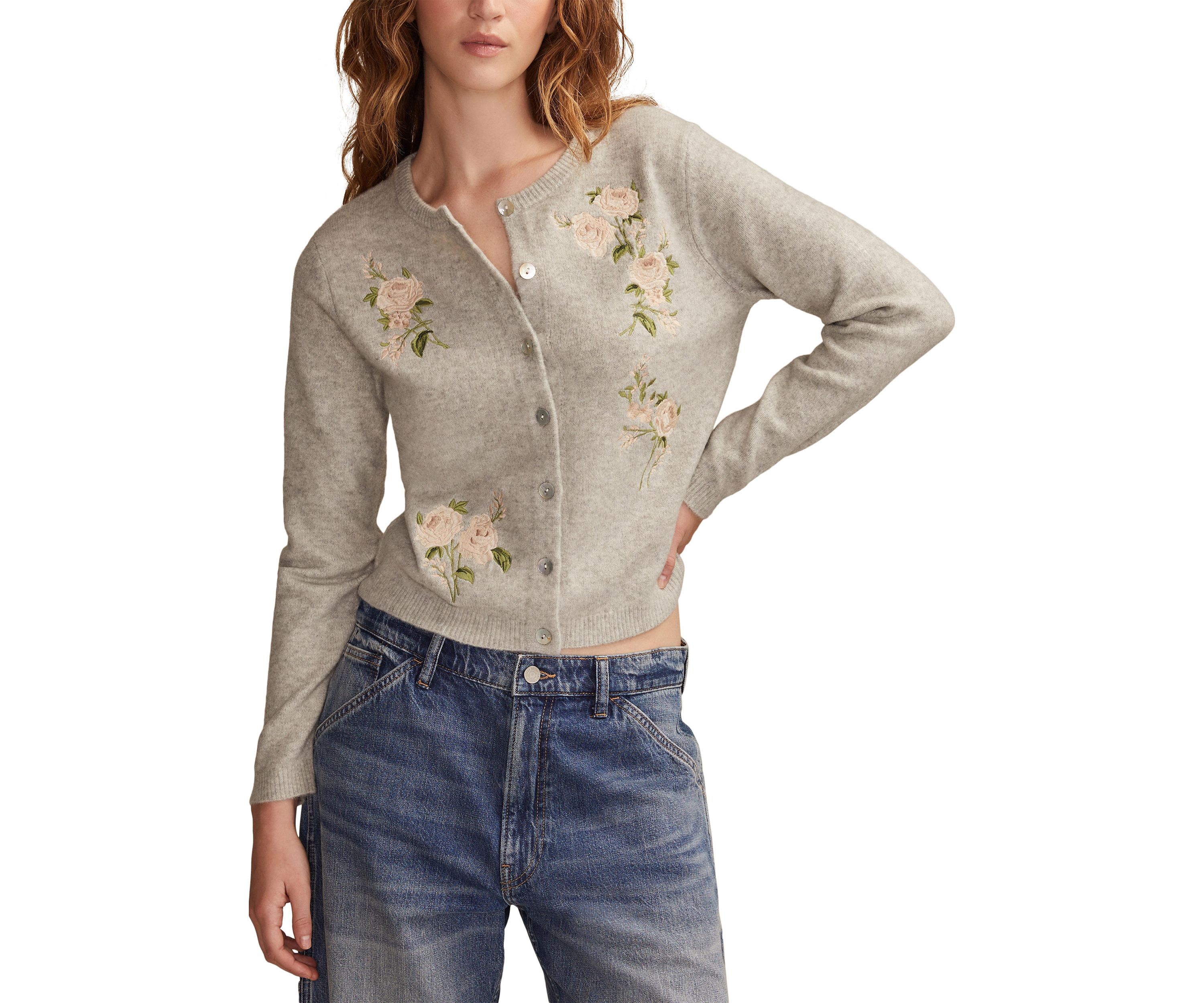 Womens Floral Embroidered Button Front Cardigan