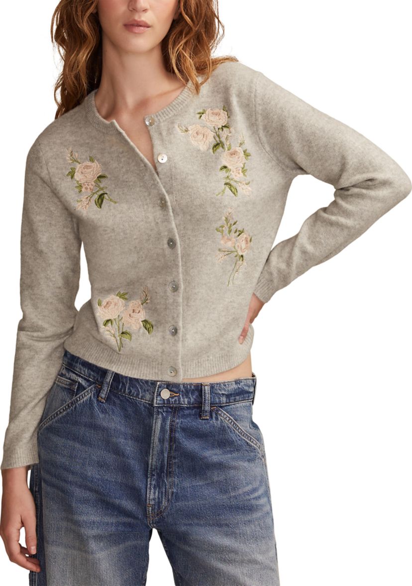 Womens Floral Embroidered Button Front Cardigan