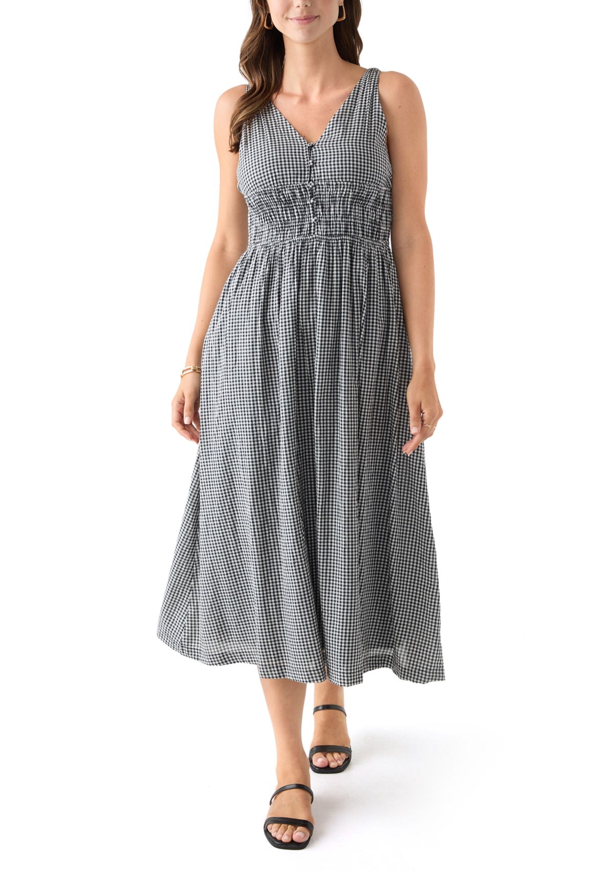 Womens Printed V-Neck Smocked Waist Midi Dress