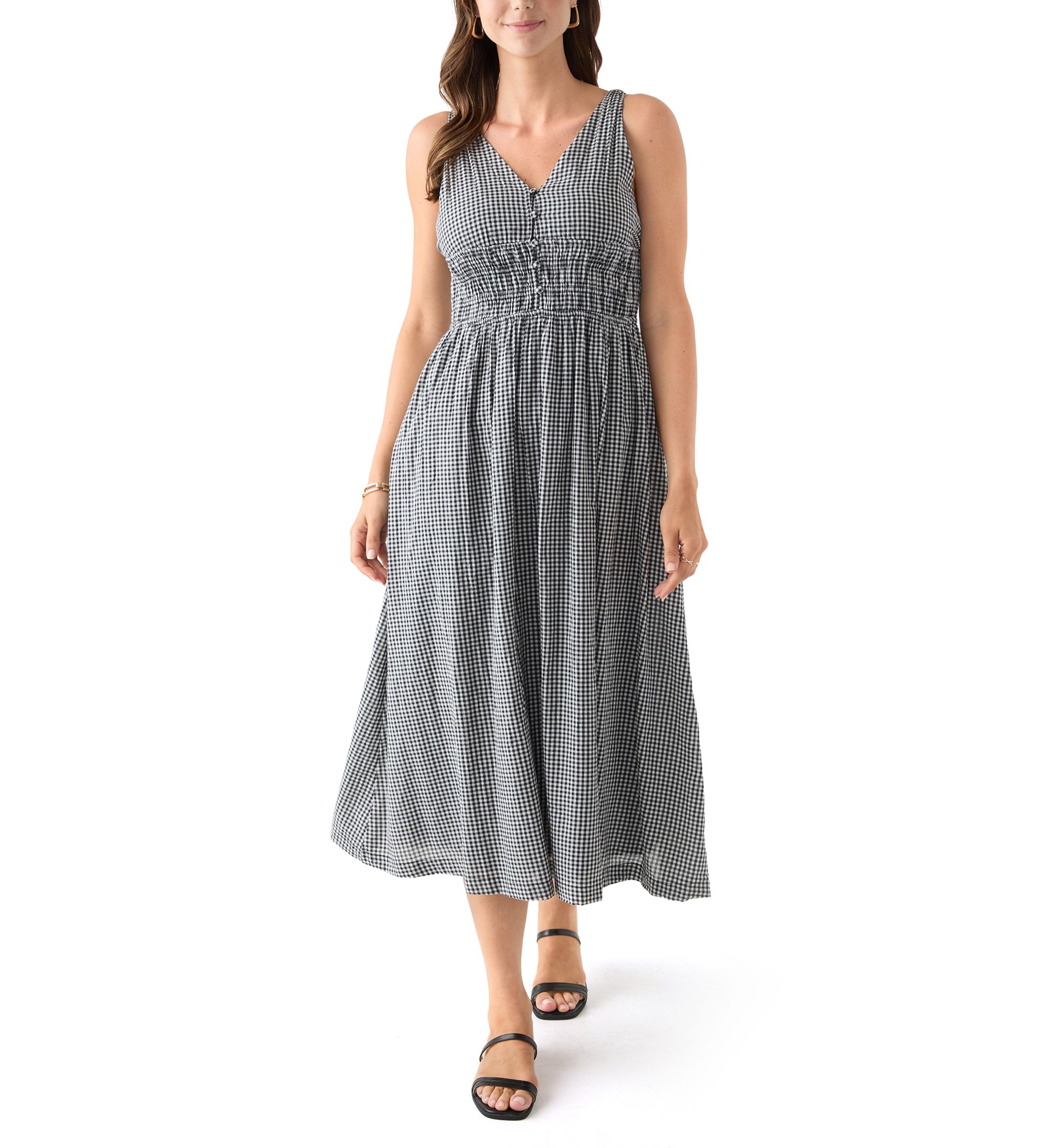 Womens Printed V-Neck Smocked Waist Midi Dress