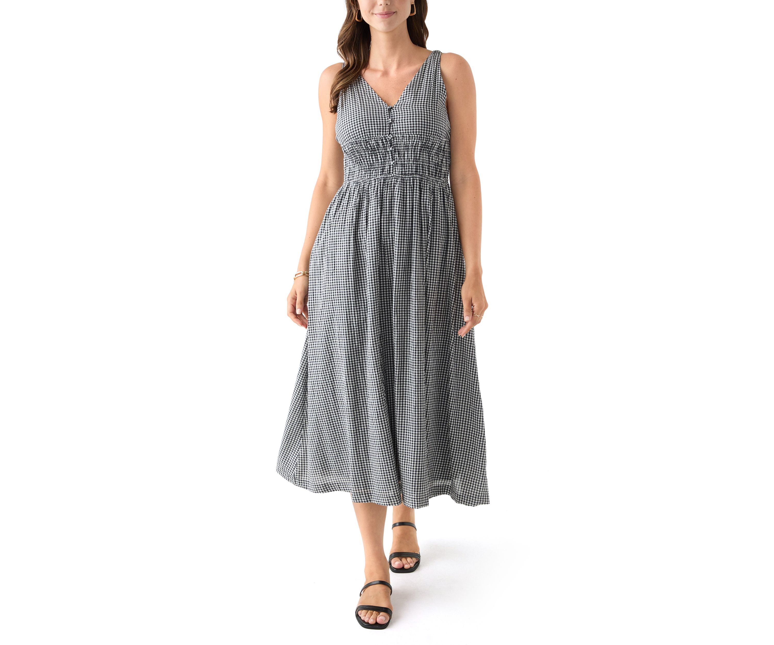 Womens Printed V-Neck Smocked Waist Midi Dress