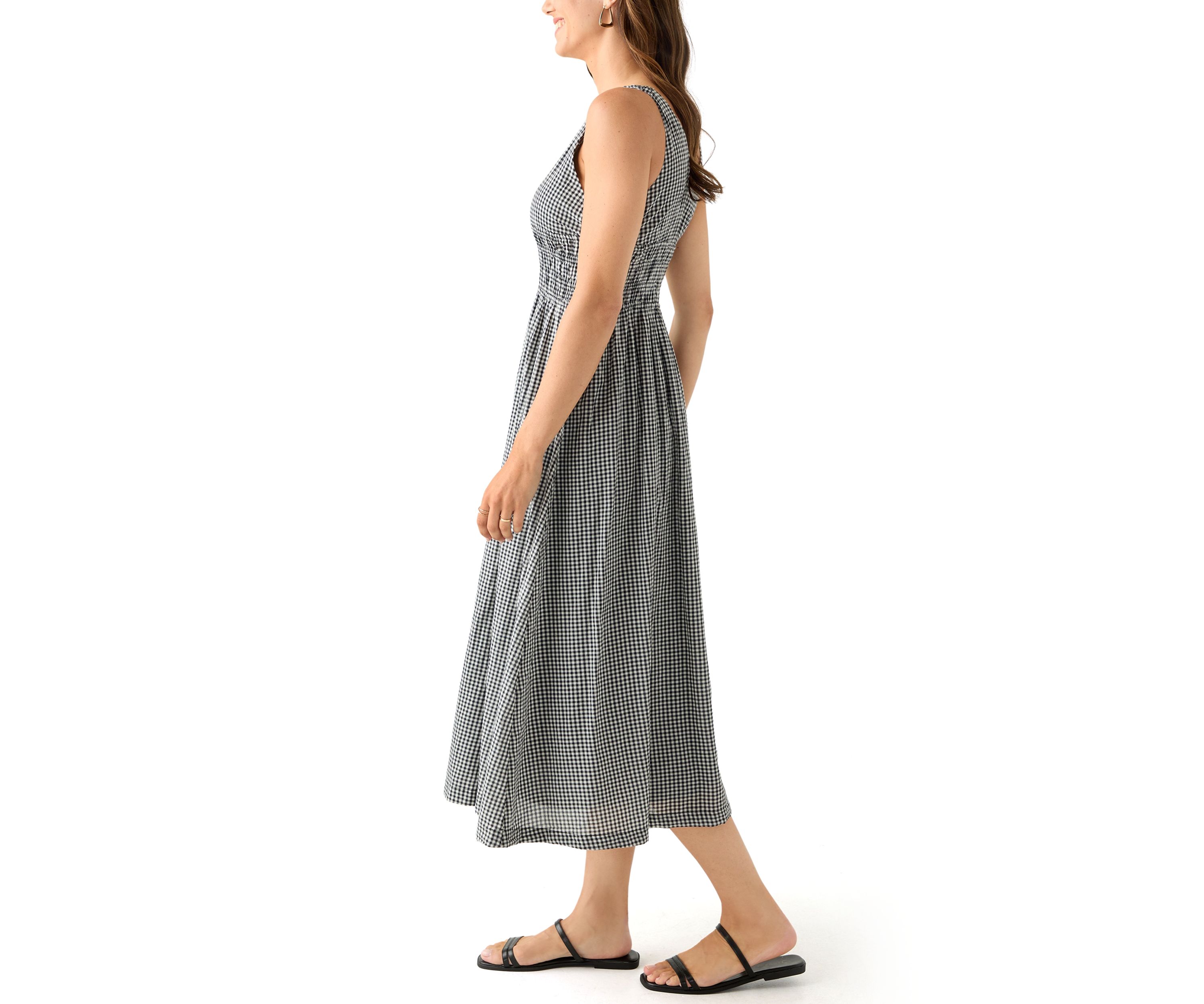 Womens Printed V-Neck Smocked Waist Midi Dress