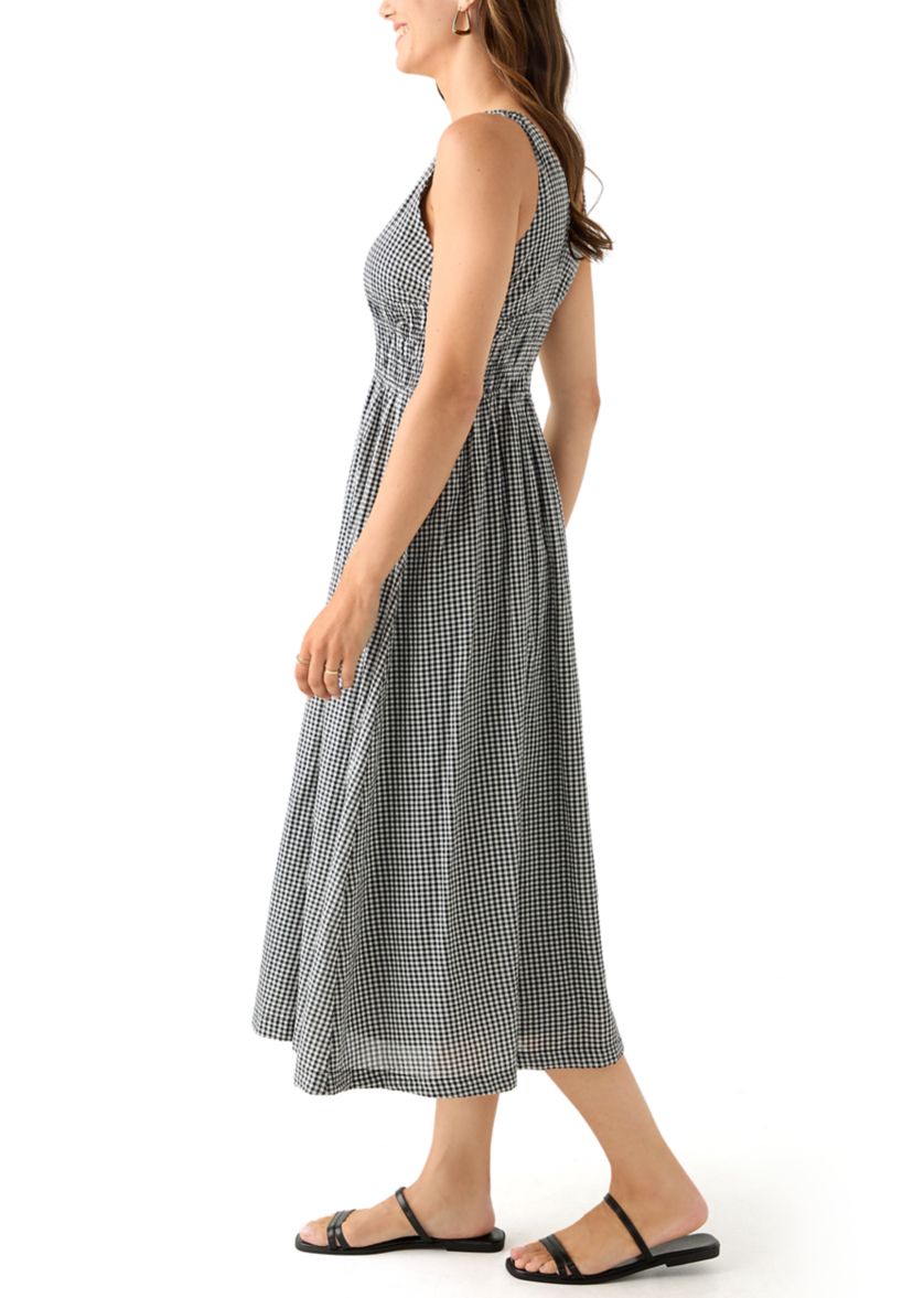 Womens Printed V-Neck Smocked Waist Midi Dress