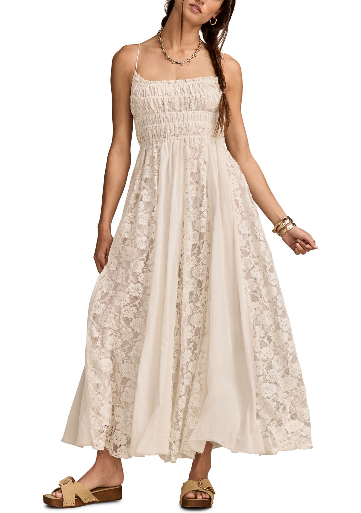 Lace Mix Smocked Midi Dress