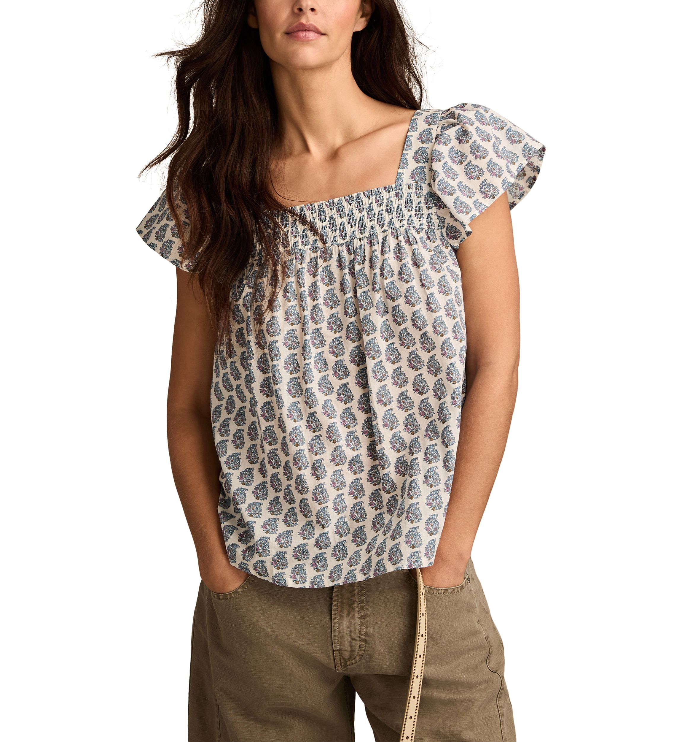 Womens Smocked Square Neck Printed Peasant Top