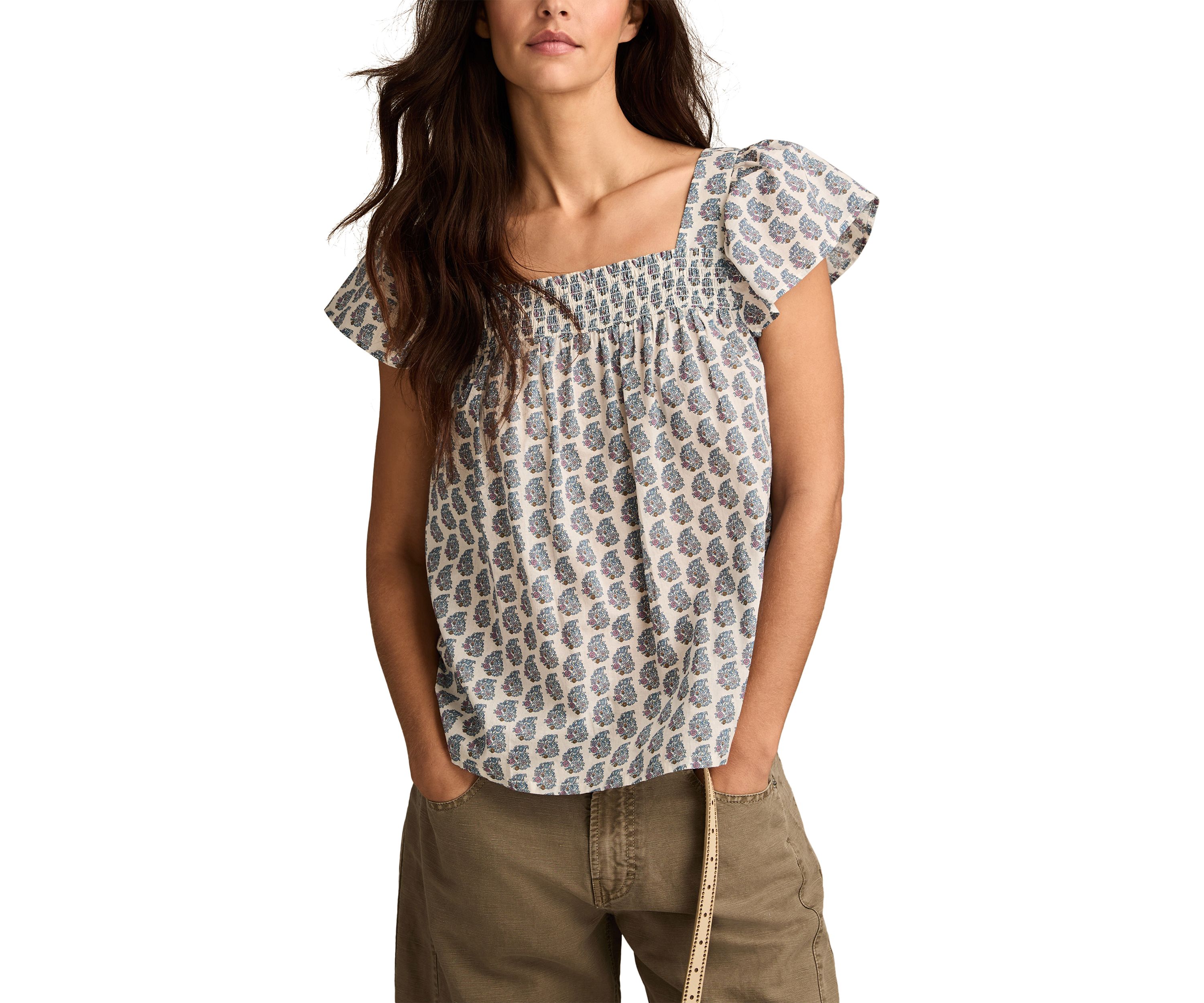 Womens Smocked Square Neck Printed Peasant Top