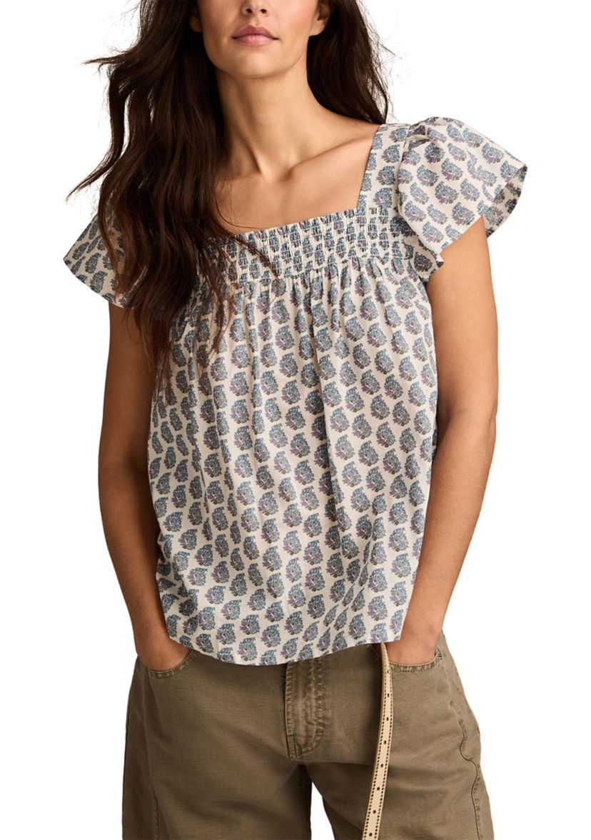Womens Smocked Square Neck Printed Peasant Top