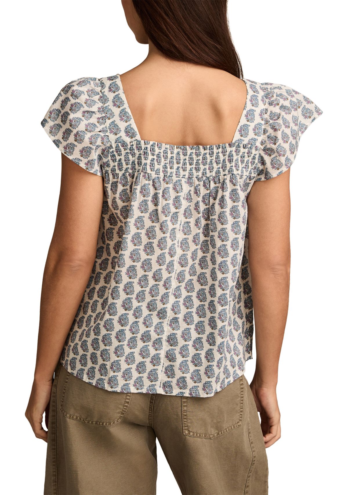Womens Smocked Square Neck Printed Peasant Top