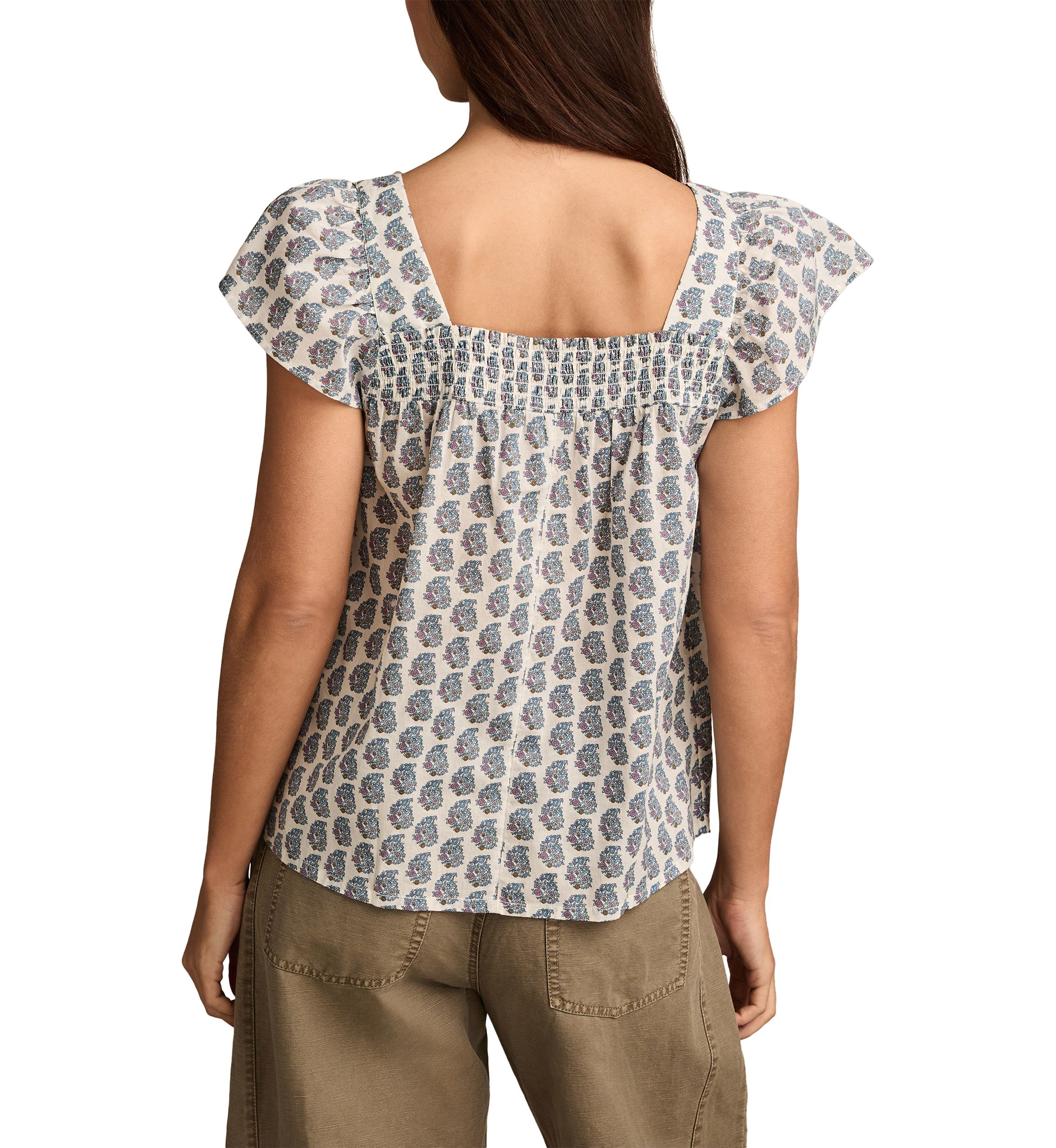 Womens Smocked Square Neck Printed Peasant Top