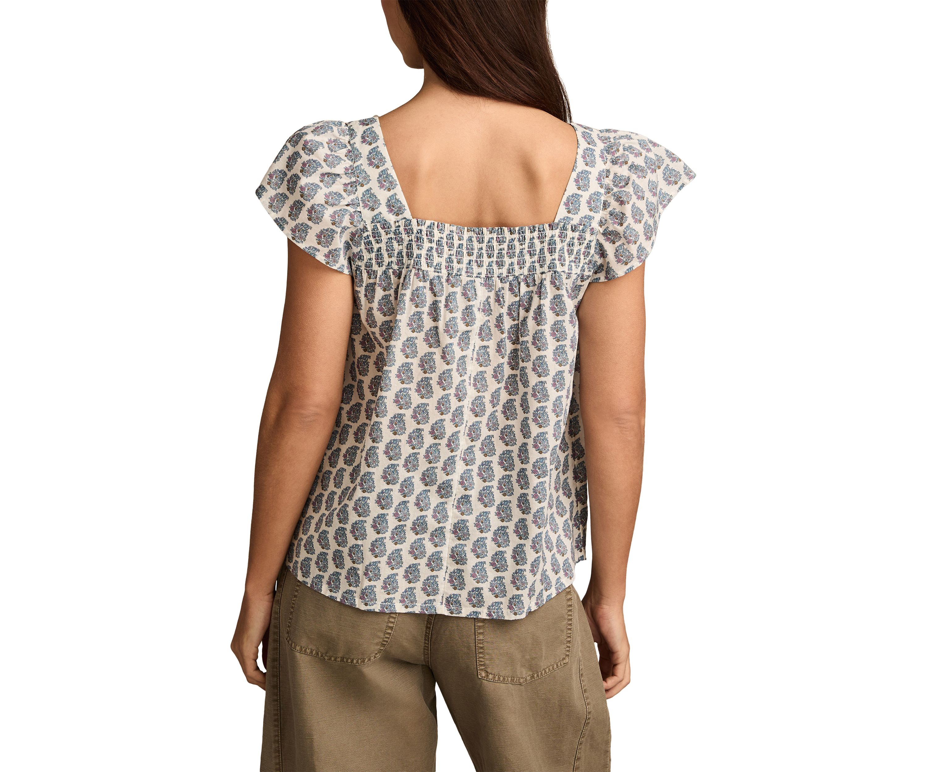 Womens Smocked Square Neck Printed Peasant Top
