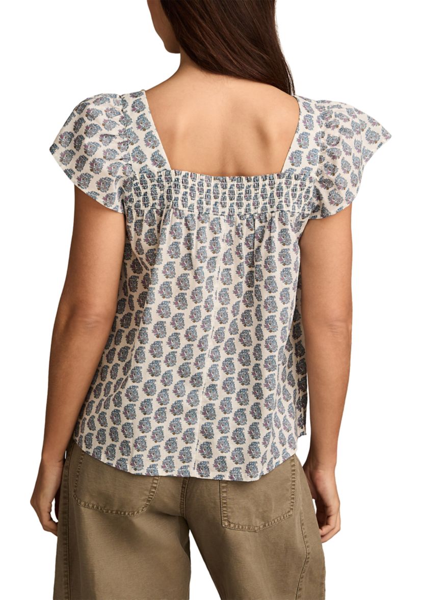 Womens Smocked Square Neck Printed Peasant Top