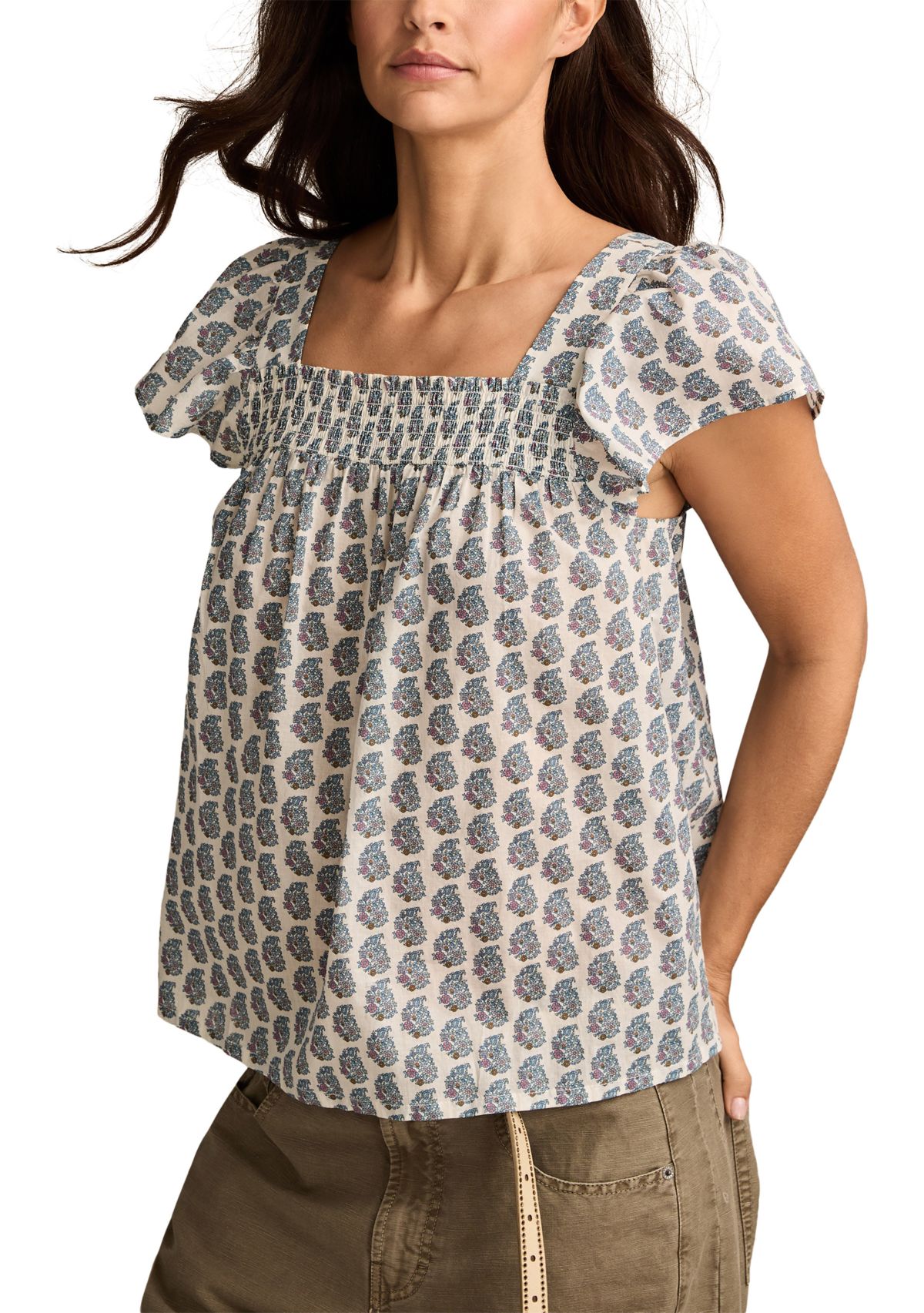 Womens Smocked Square Neck Printed Peasant Top