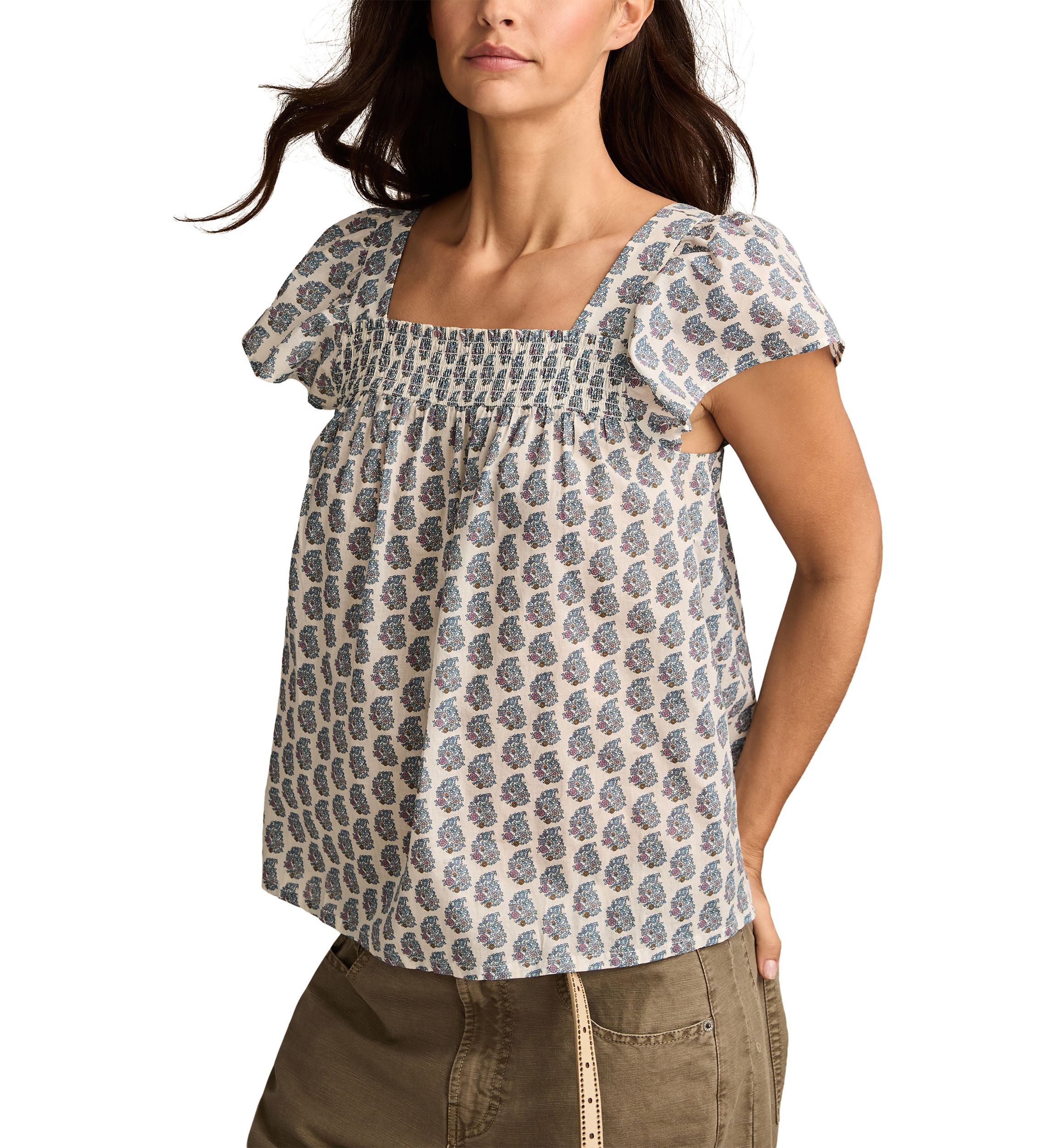 Womens Smocked Square Neck Printed Peasant Top
