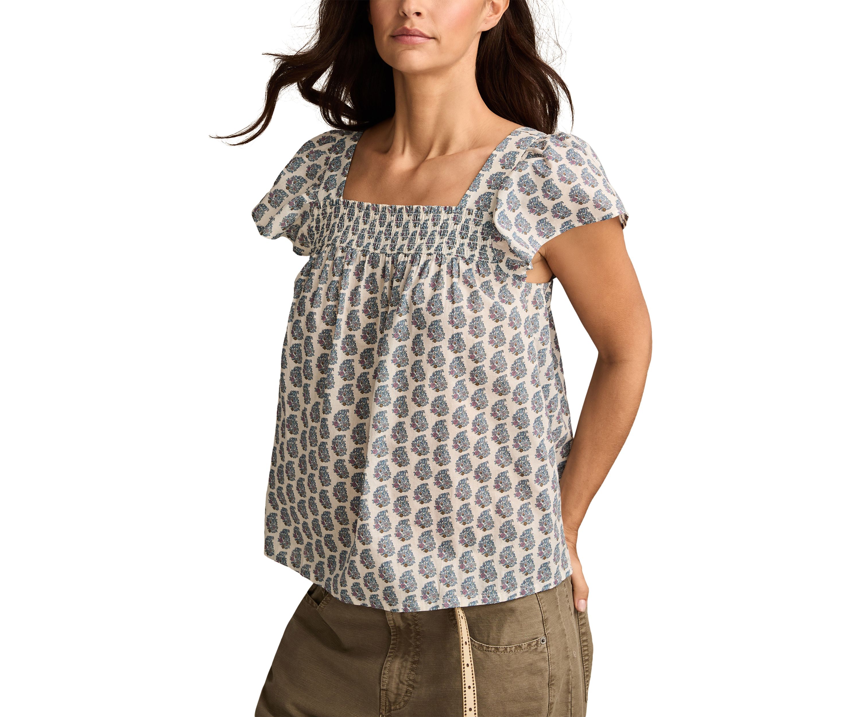 Womens Smocked Square Neck Printed Peasant Top