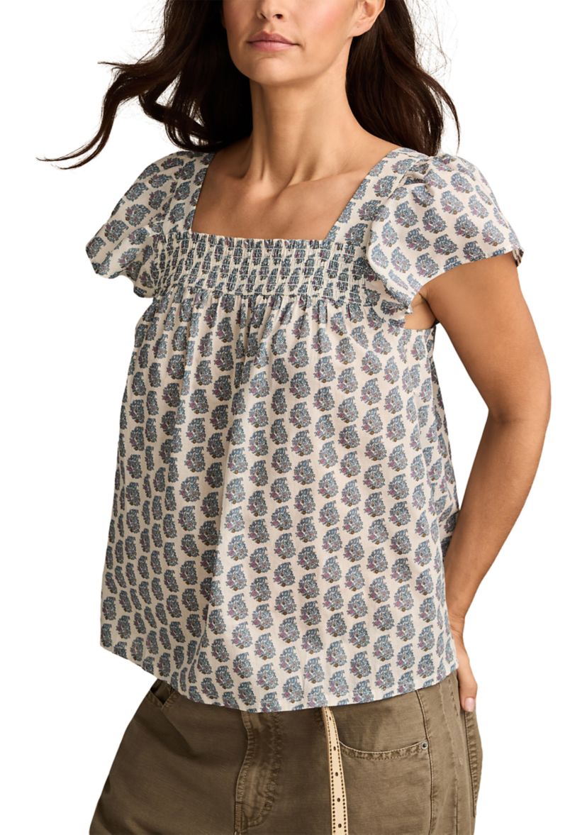 Womens Smocked Square Neck Printed Peasant Top