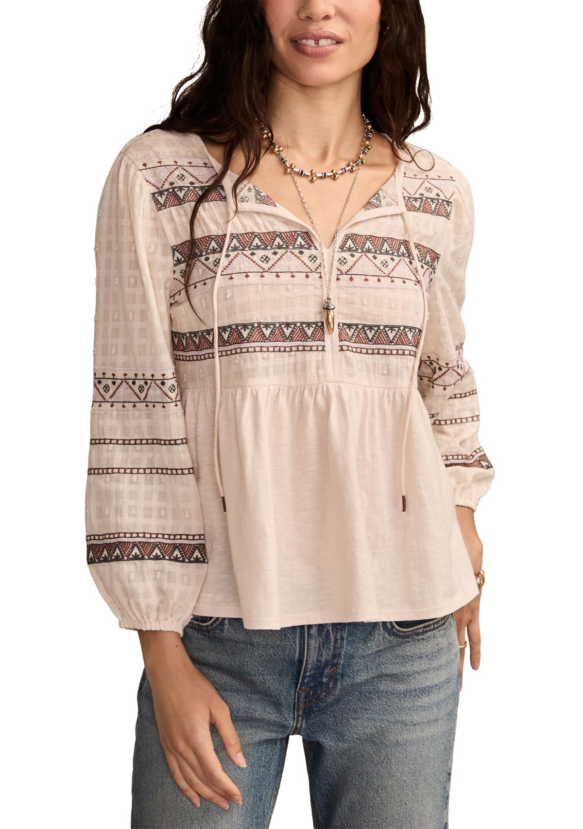 Womens Mixed Trim Peasant Top