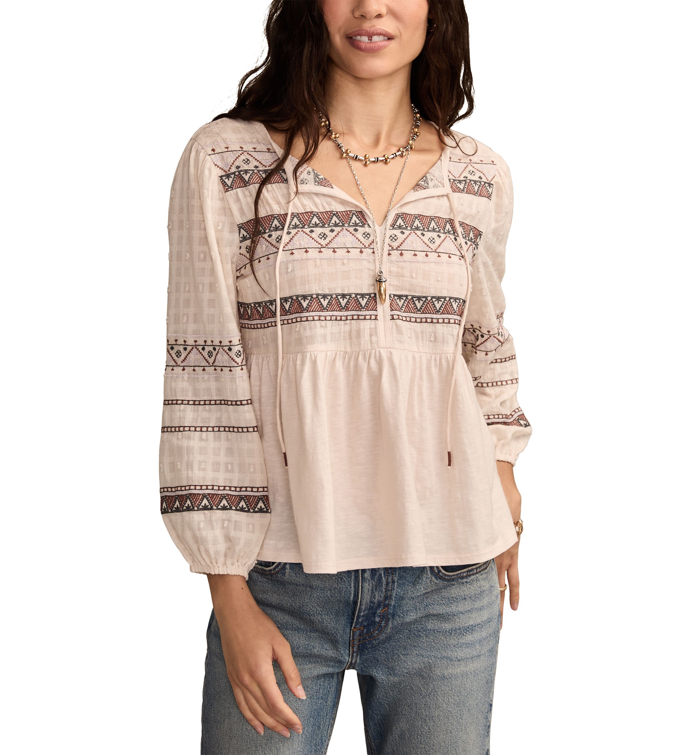 Womens Mixed Trim Peasant Top