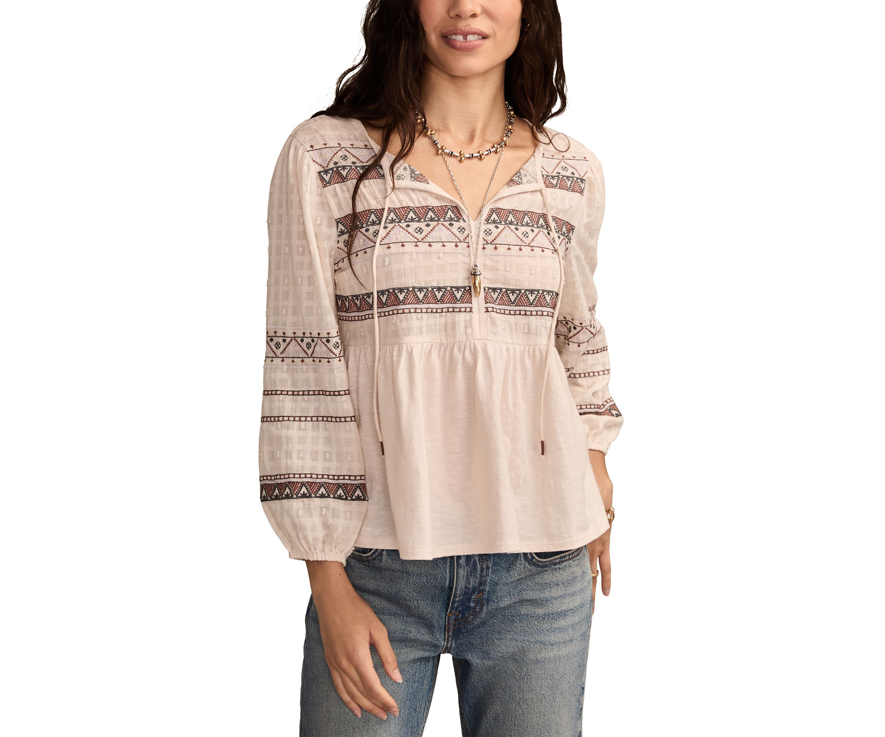 Womens Mixed Trim Peasant Top