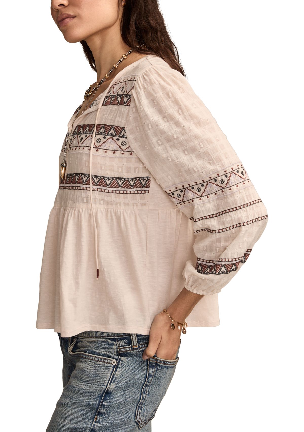 Womens Mixed Trim Peasant Top