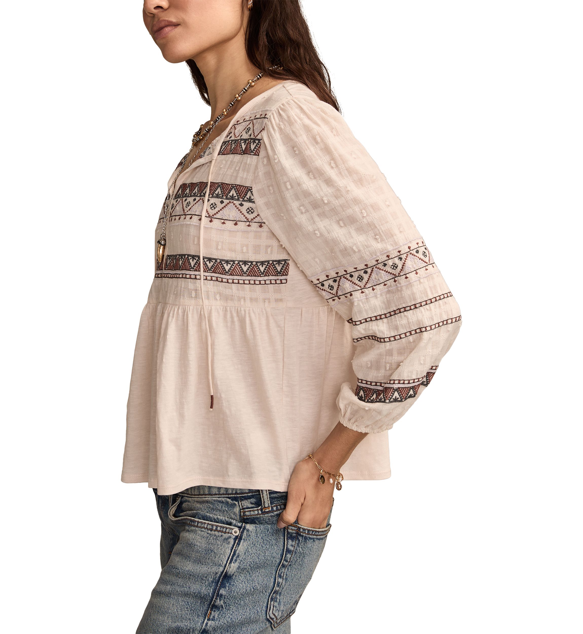 Womens Mixed Trim Peasant Top