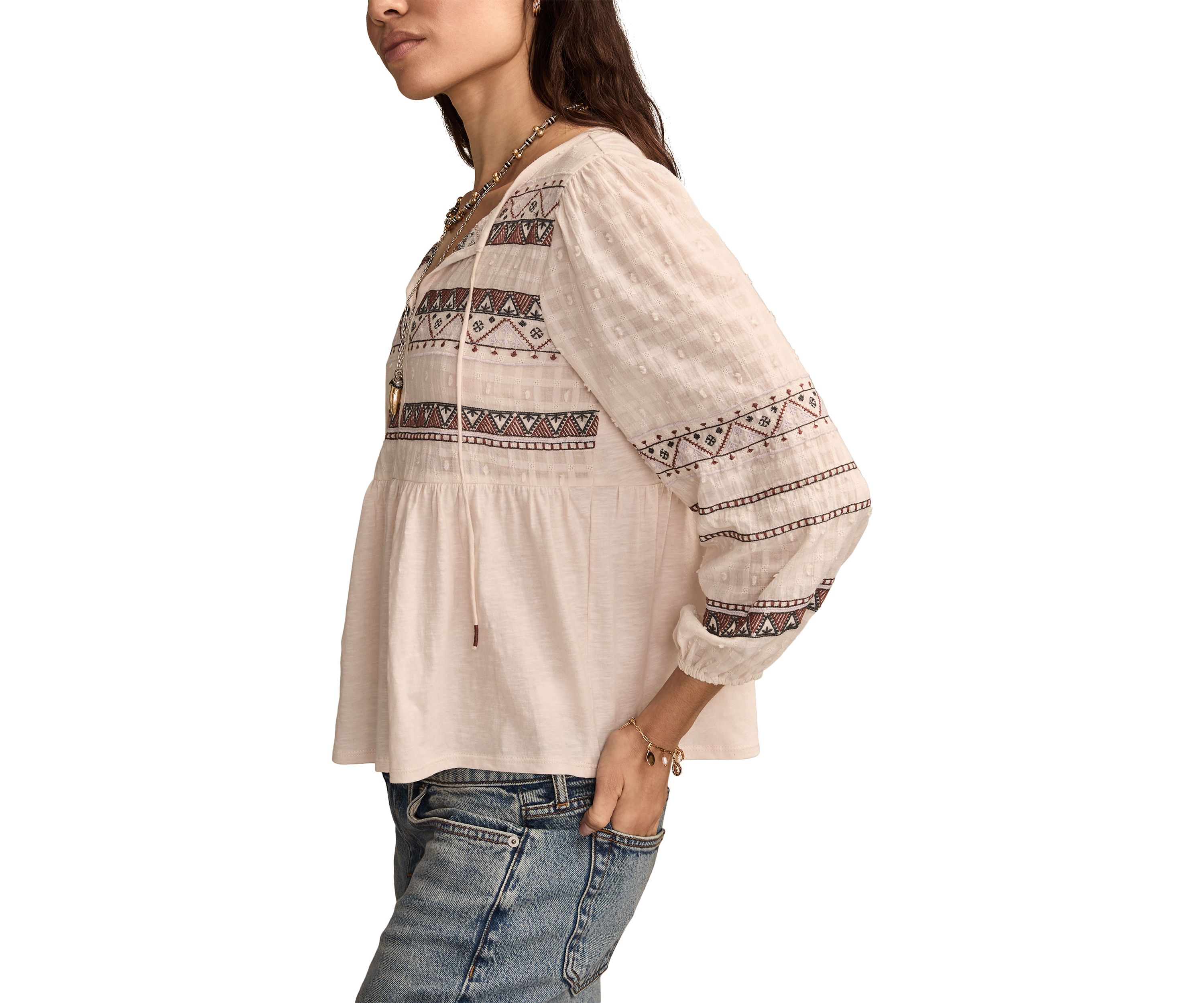 Womens Mixed Trim Peasant Top