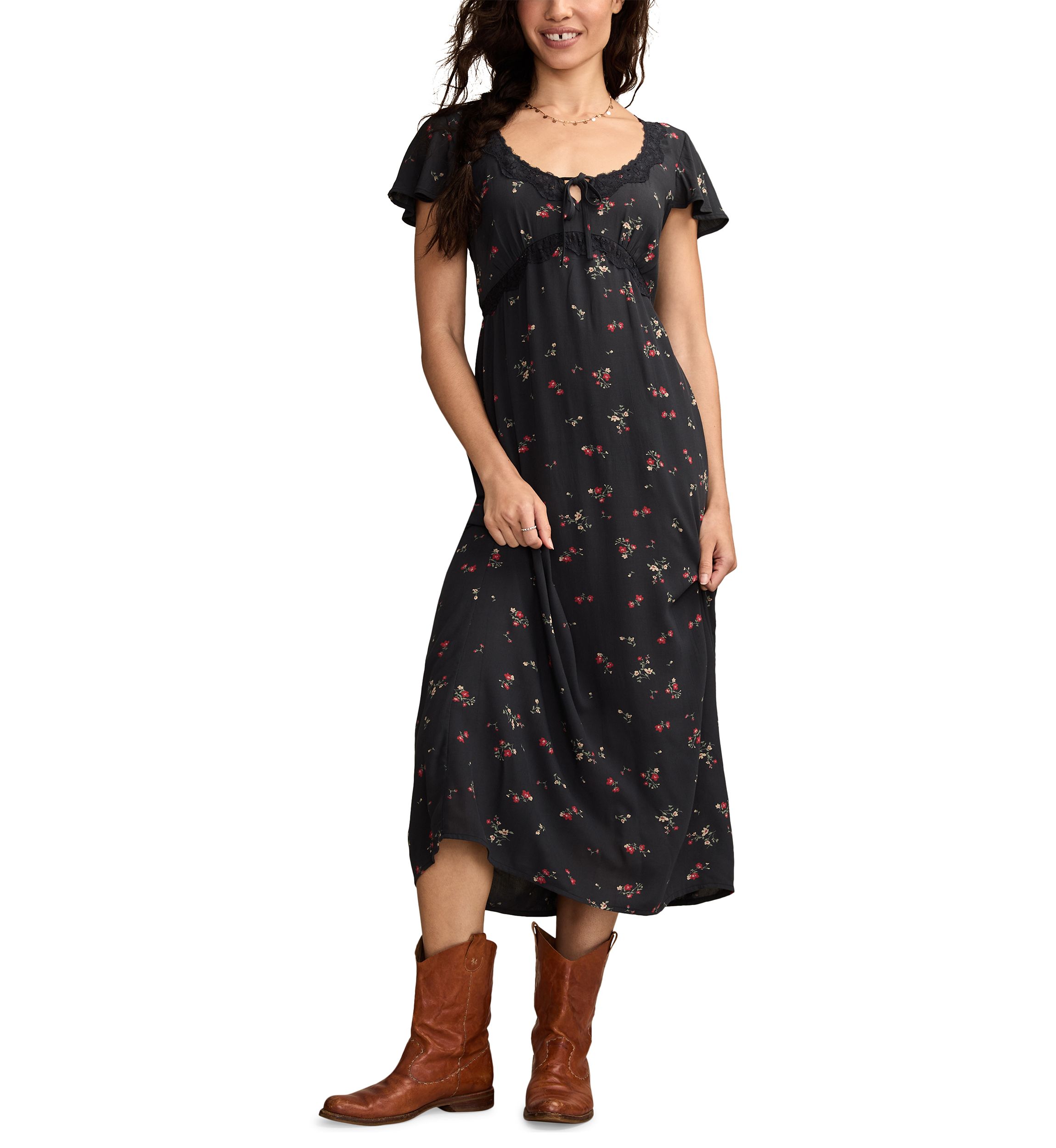 Womens Floral Printed Lace Trim Slip Midi Dress