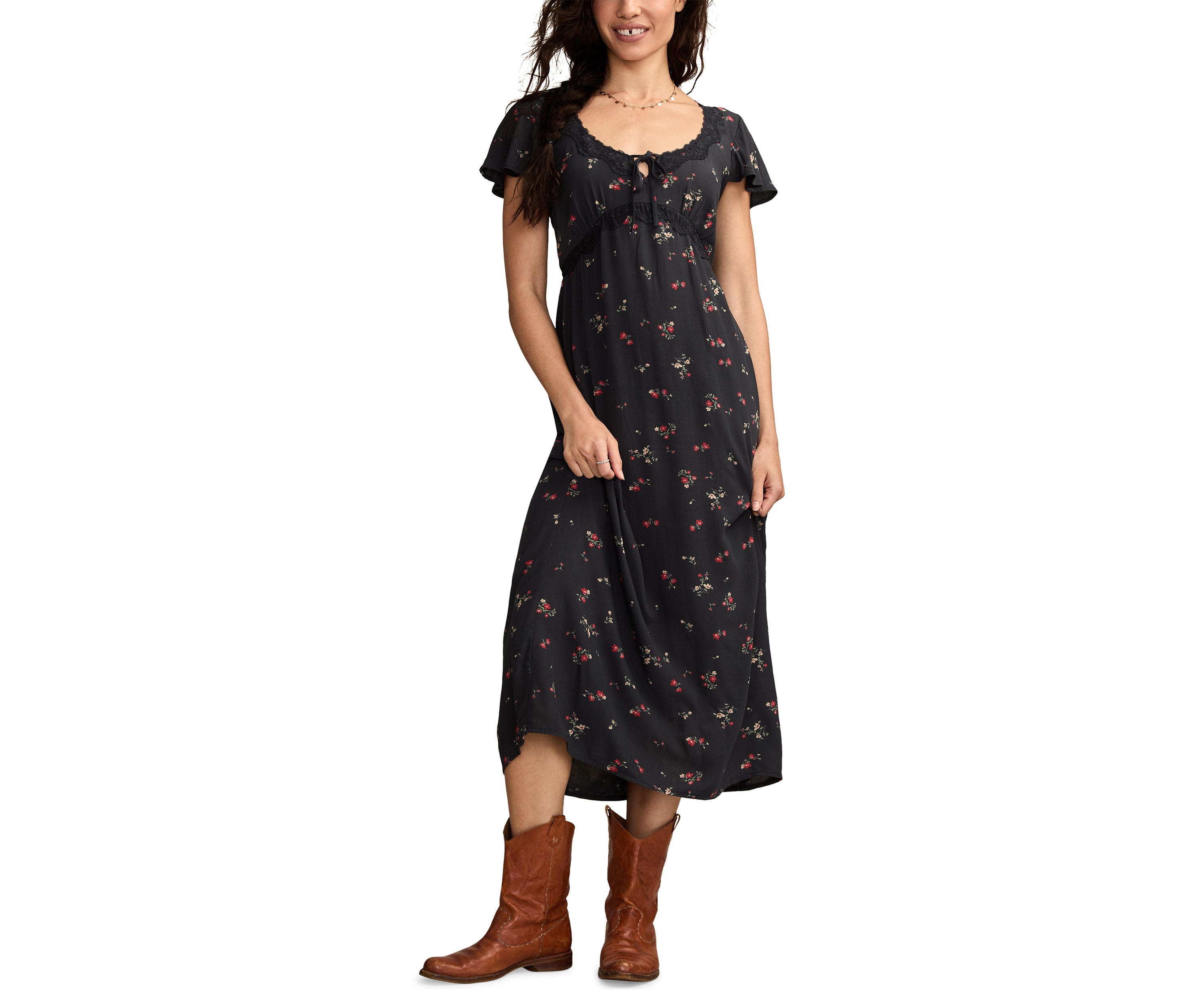 Womens Floral Printed Lace Trim Slip Midi Dress